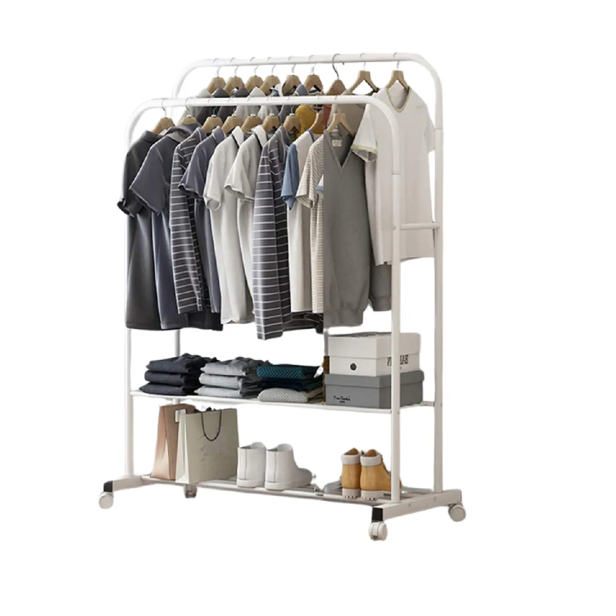 1.5m Large Clothes Rack Double Rail Rolling Stand Storage Shelf