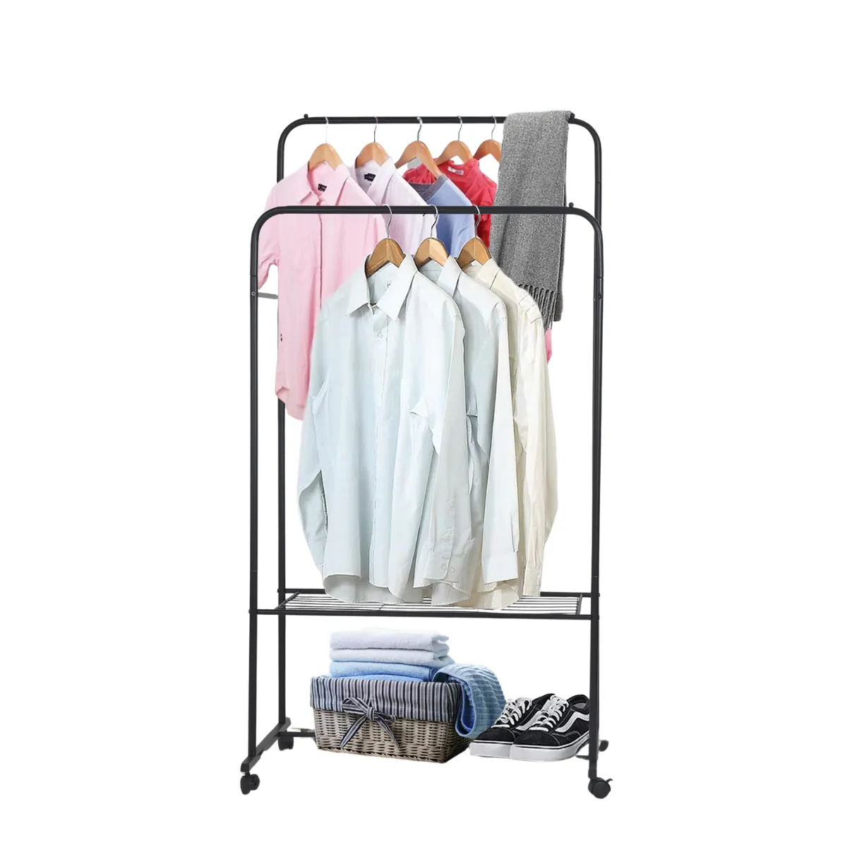 1.5m Large Clothes Rack Double Rail Rolling Stand Storage Shelf