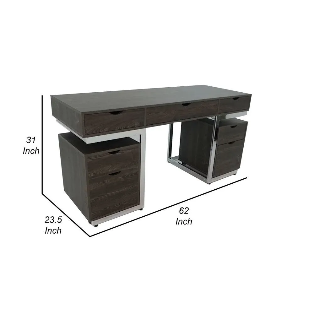 3 Piece Writing Desk with 2 File Cabinets, Dark Oak Brown, Chrome Frame By Casagear Home