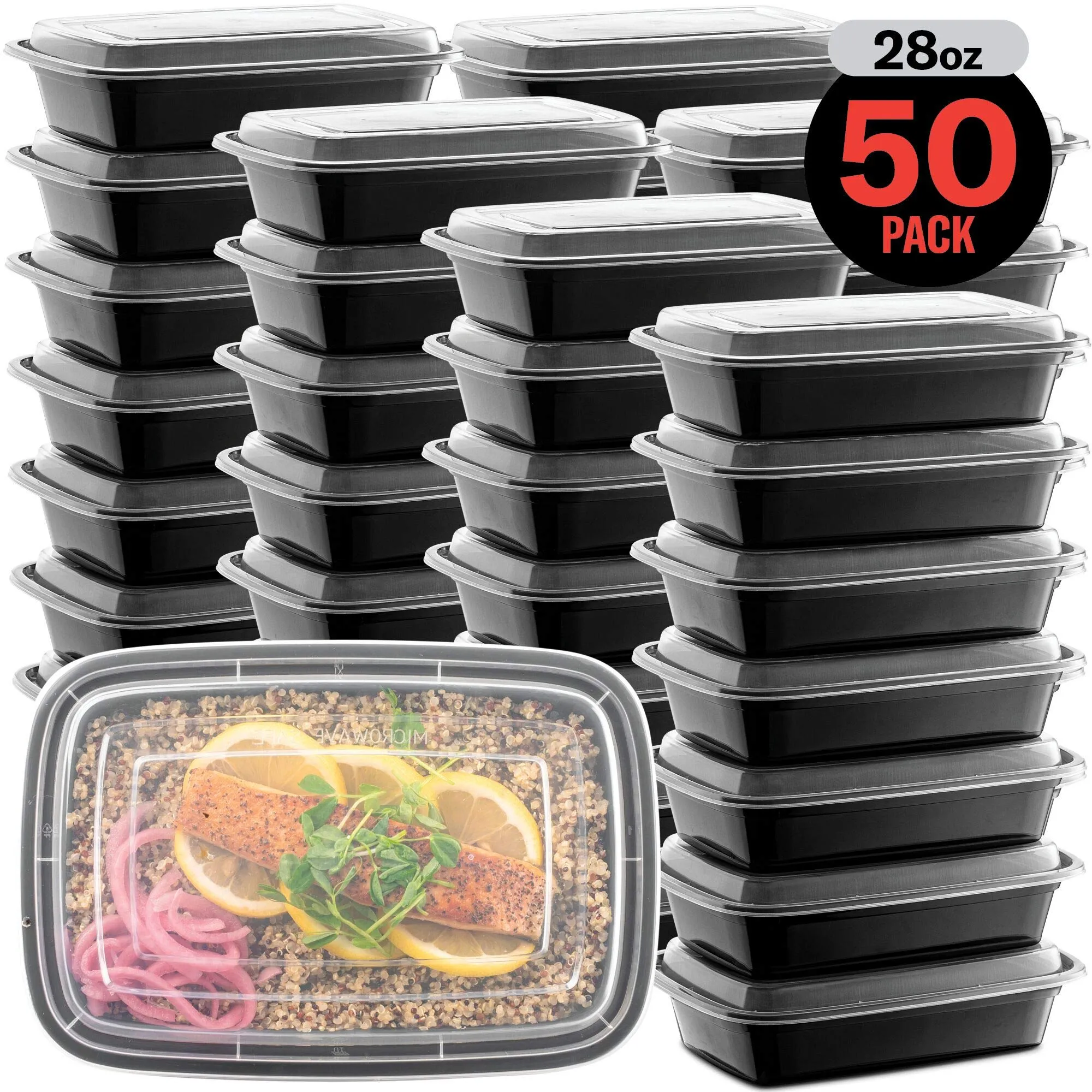 50-Pack Reusable Meal Prep Containers Microwave Safe Food Storage Containers with Lids, 28 oz - 1 Compartment Take Out Disposable Plastic Bento Lunch Box To Go, BPA Free - Dishwasher & Freezer Safe