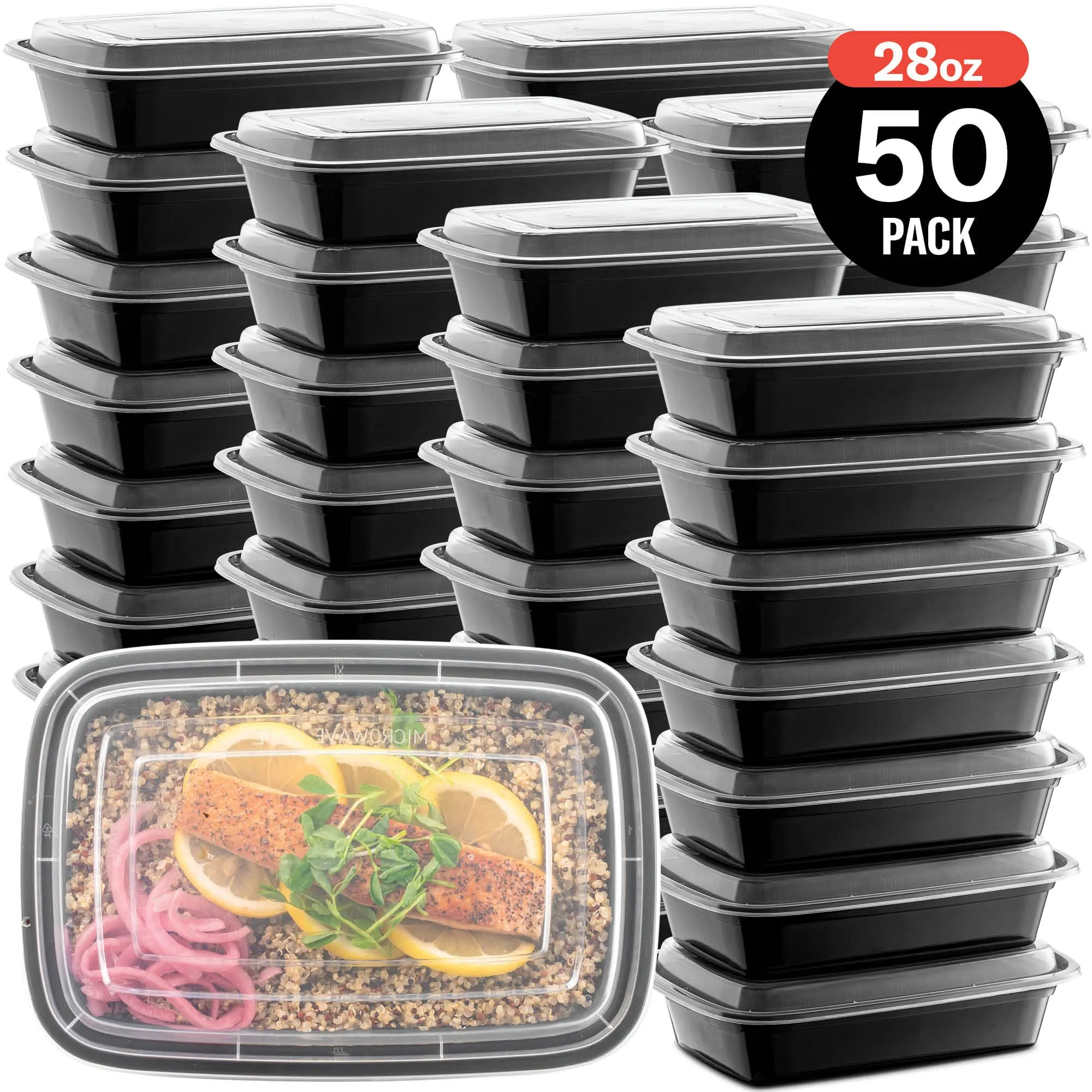 50-Pack Reusable Meal Prep Containers Microwave Safe Food Storage Containers with Lids, 28 oz - 1 Compartment Take Out Disposable Plastic Bento Lunch Box To Go, BPA Free - Dishwasher & Freezer Safe