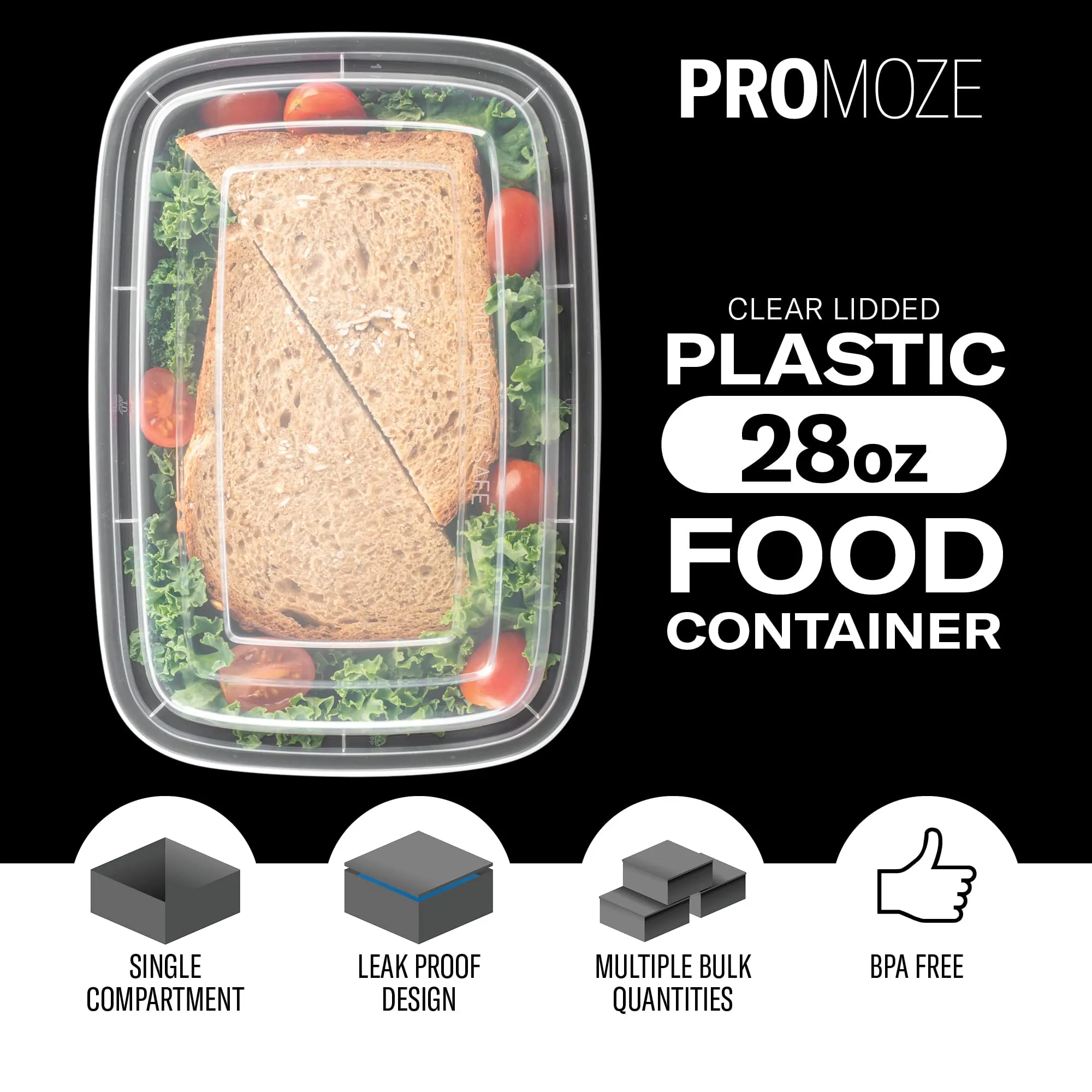 50-Pack Reusable Meal Prep Containers Microwave Safe Food Storage Containers with Lids, 28 oz - 1 Compartment Take Out Disposable Plastic Bento Lunch Box To Go, BPA Free - Dishwasher & Freezer Safe