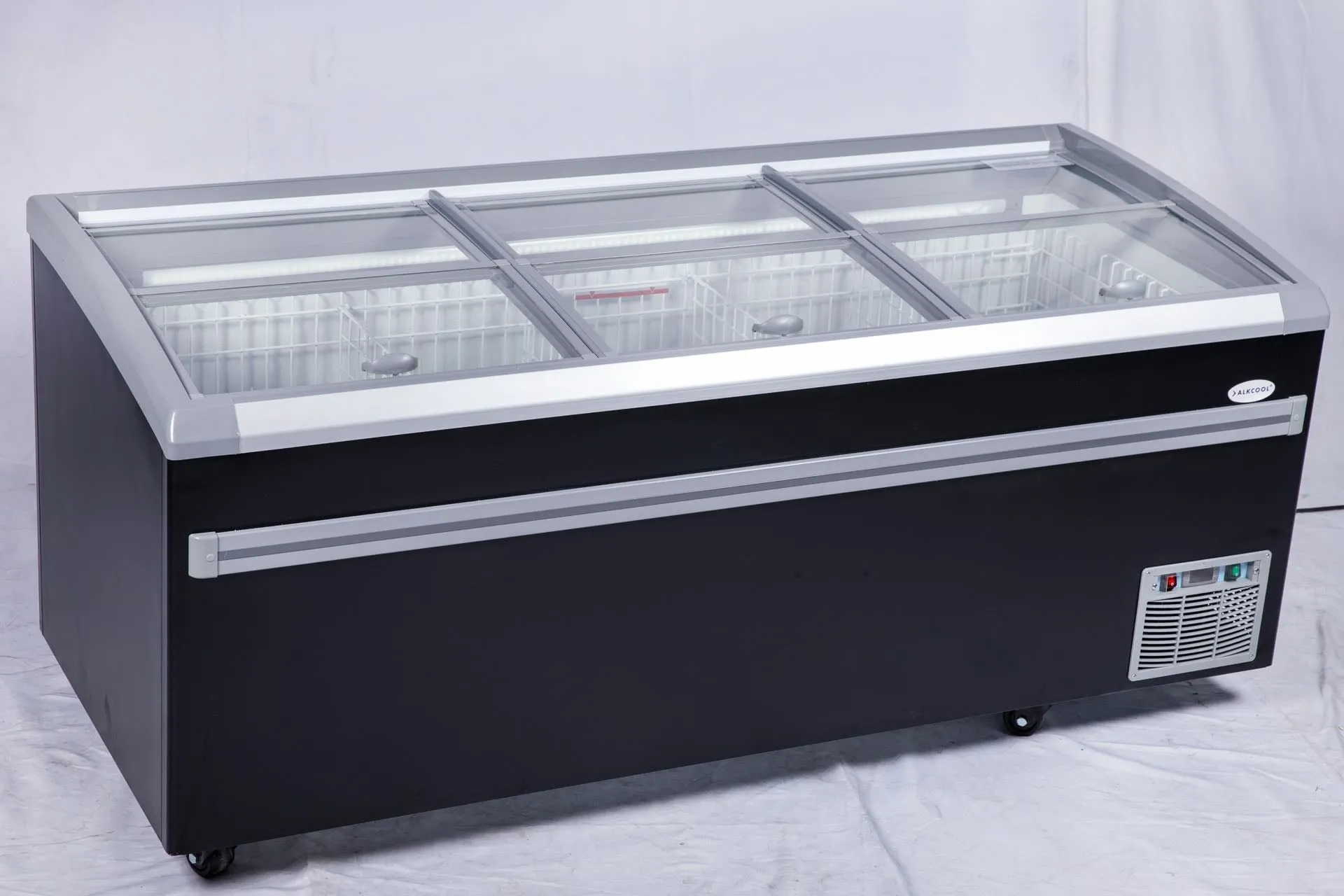 6.8FT wide SUPERMARKET SLIDING GLASS TOP DISPLAY ISLAND FREEZER (Model: IHF-D2209PB )for Frozen Meat, Frozen Pizza, Icecream and Ice Bag