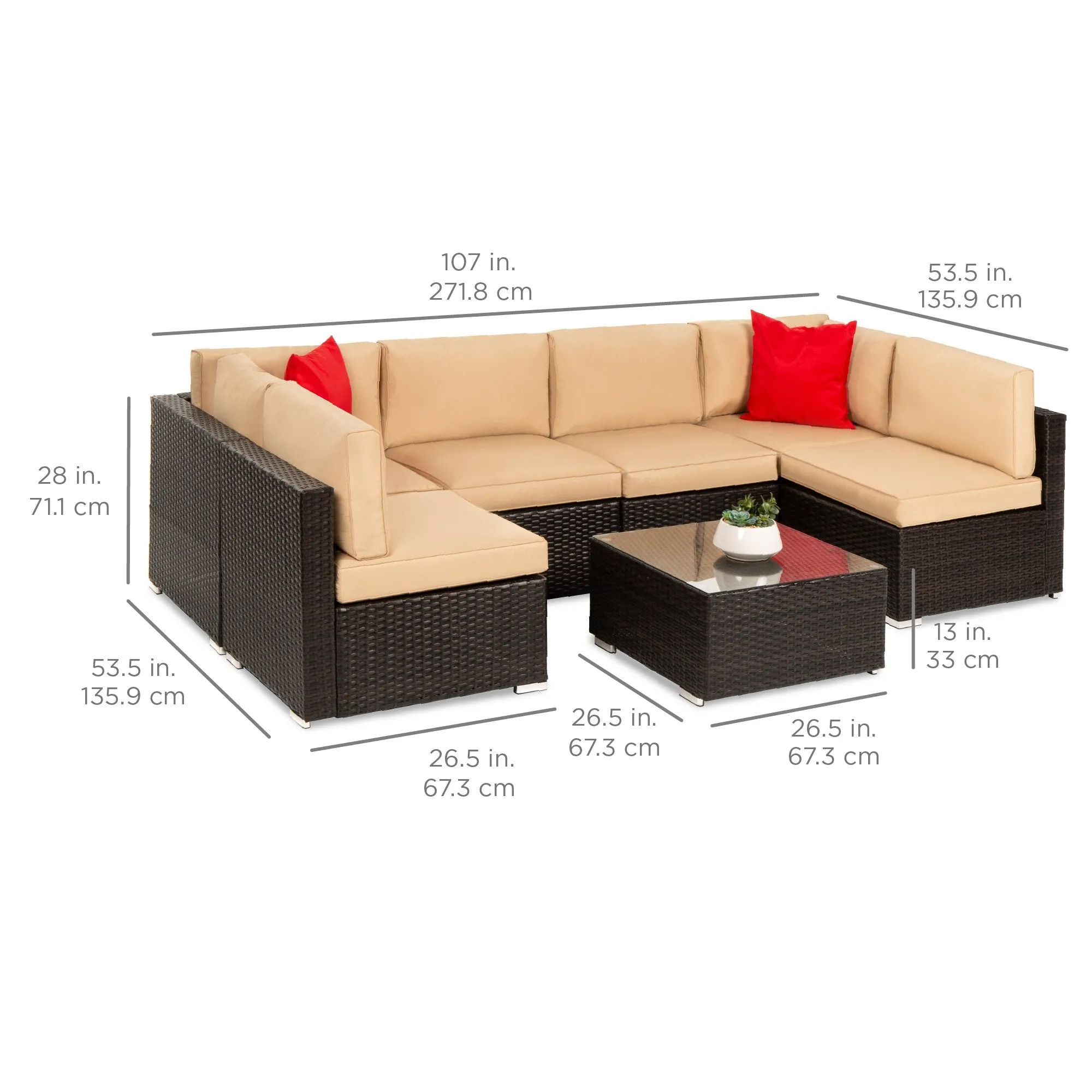 7-Piece Modular Wicker Sectional Conversation Set w/ 2 Pillows, Cover