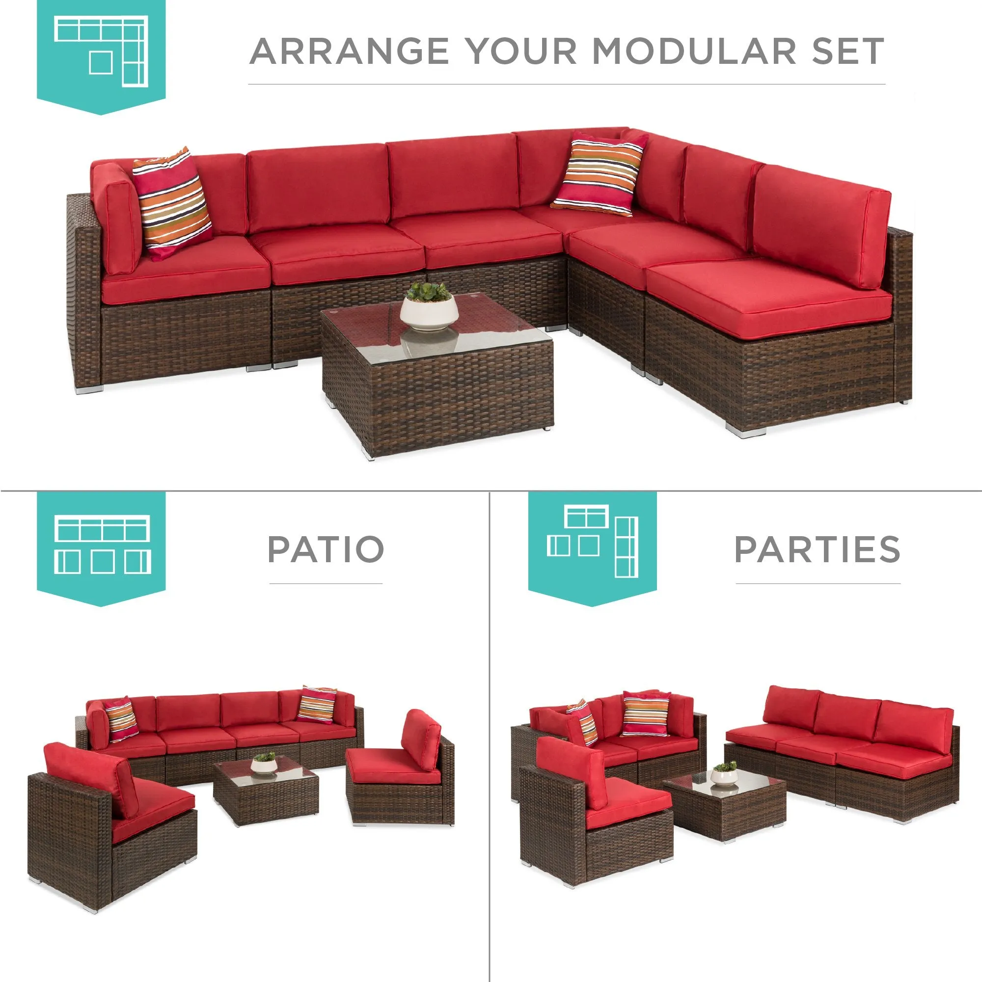 7-Piece Modular Wicker Sectional Conversation Set w/ 2 Pillows, Cover