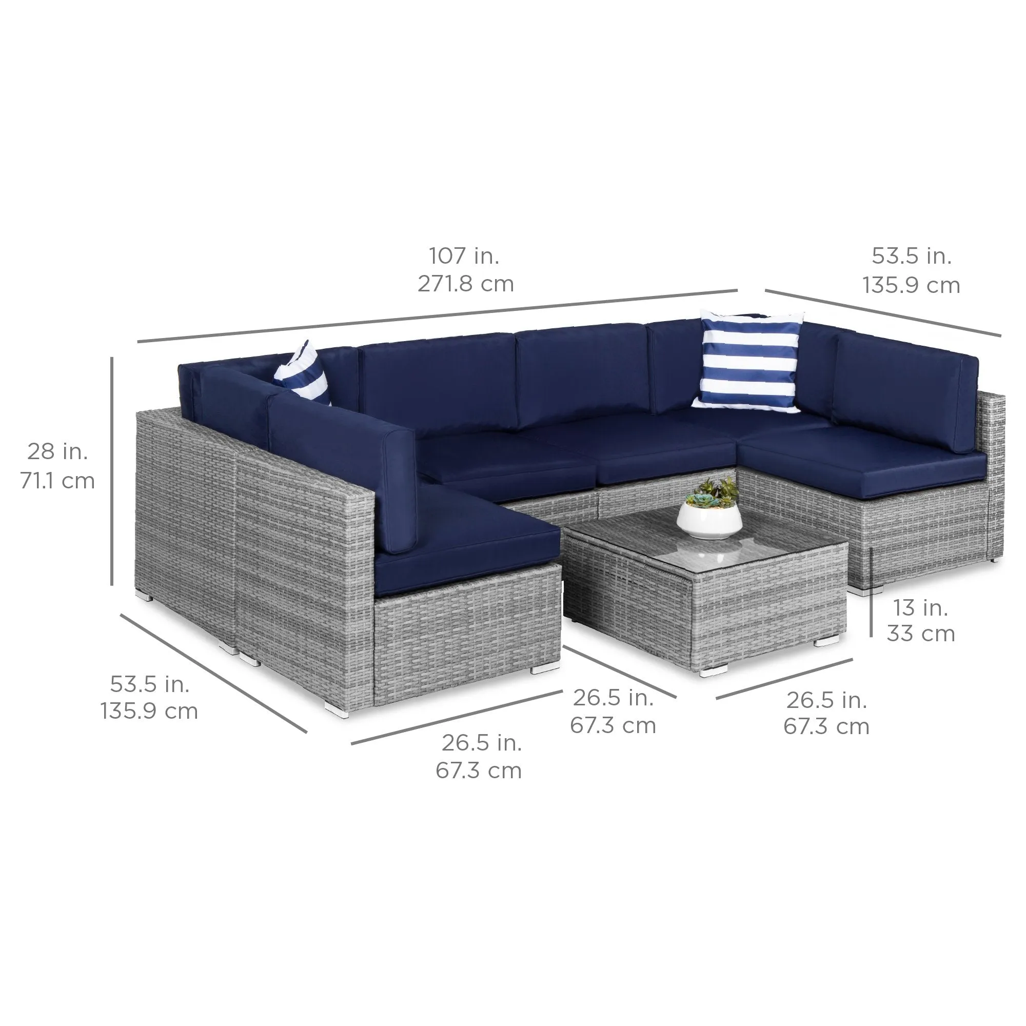 7-Piece Modular Wicker Sectional Conversation Set w/ 2 Pillows, Cover