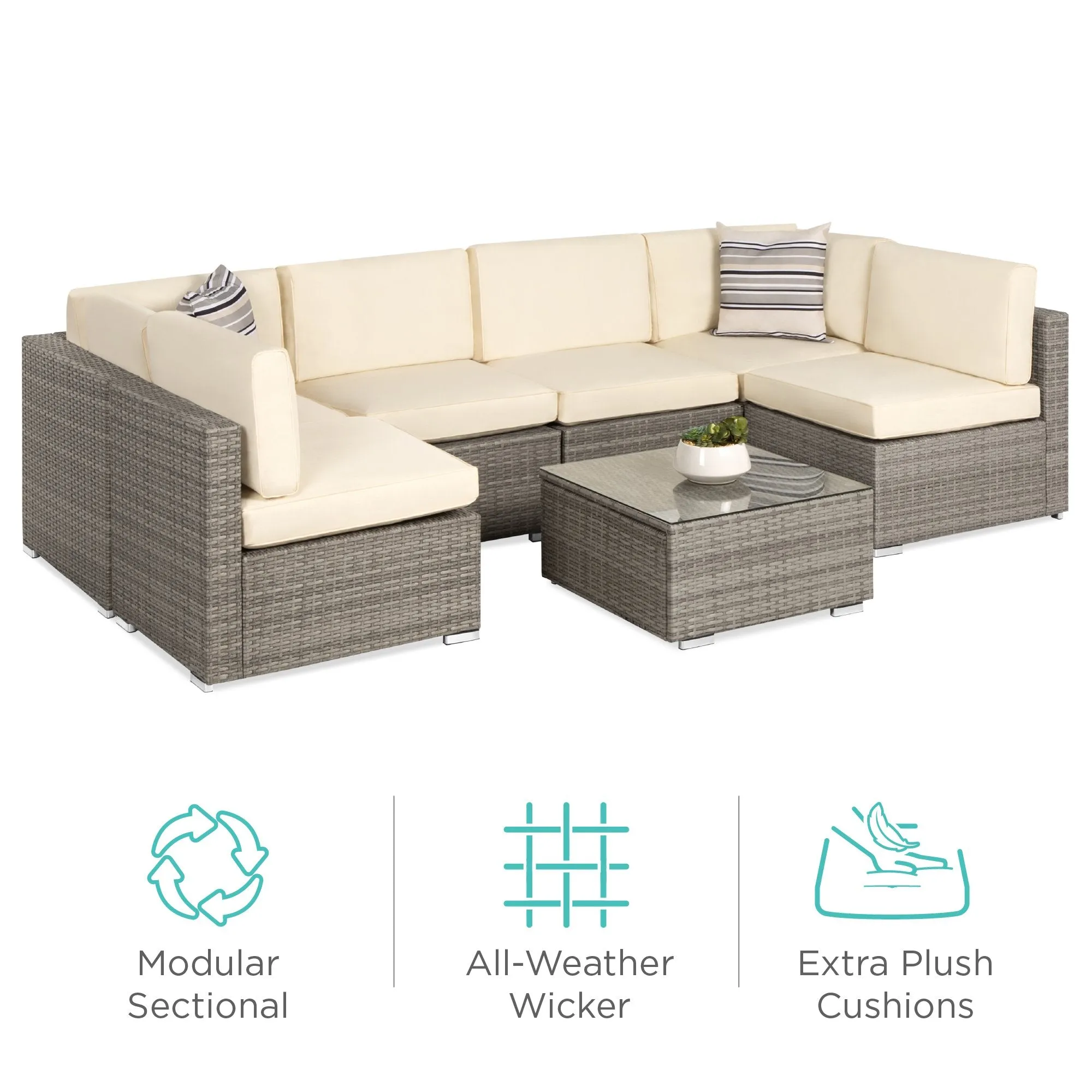 7-Piece Modular Wicker Sectional Conversation Set w/ 2 Pillows, Cover