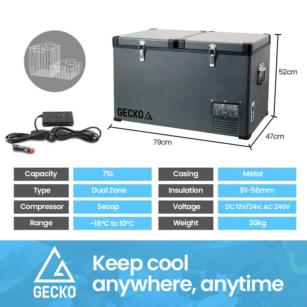 75L Dual Zone Portable Fridge Freezer, SECOP Compressor, Gecko