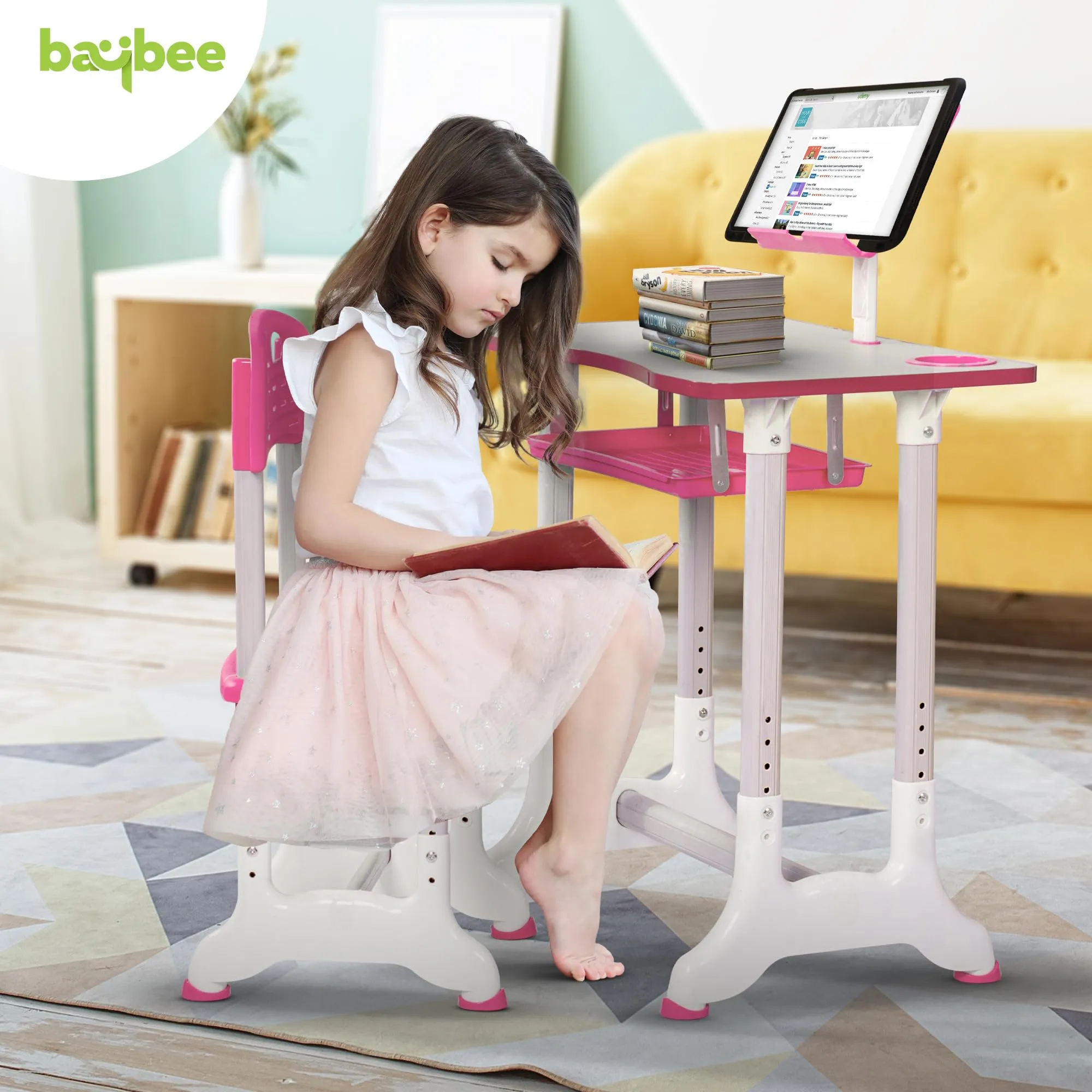 BAYBEE Kids Multi-Functional Desk and Chair Set with Adjustable Height, Adjustable Book Shelf & Drawer