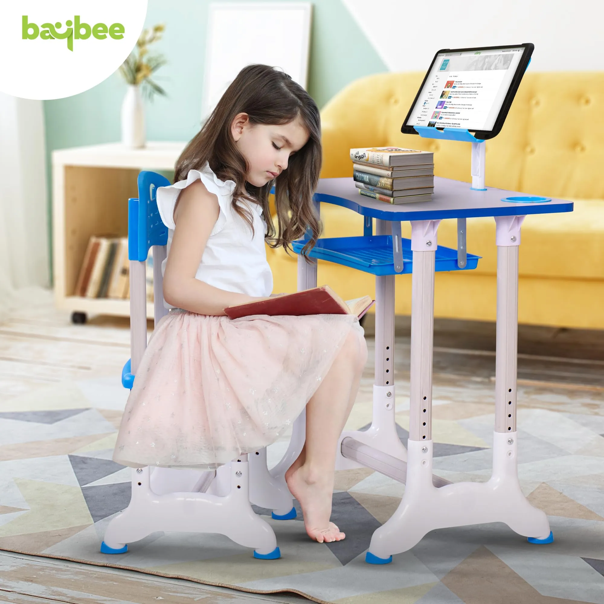 BAYBEE Kids Multi-Functional Desk and Chair Set with Adjustable Height, Adjustable Book Shelf & Drawer