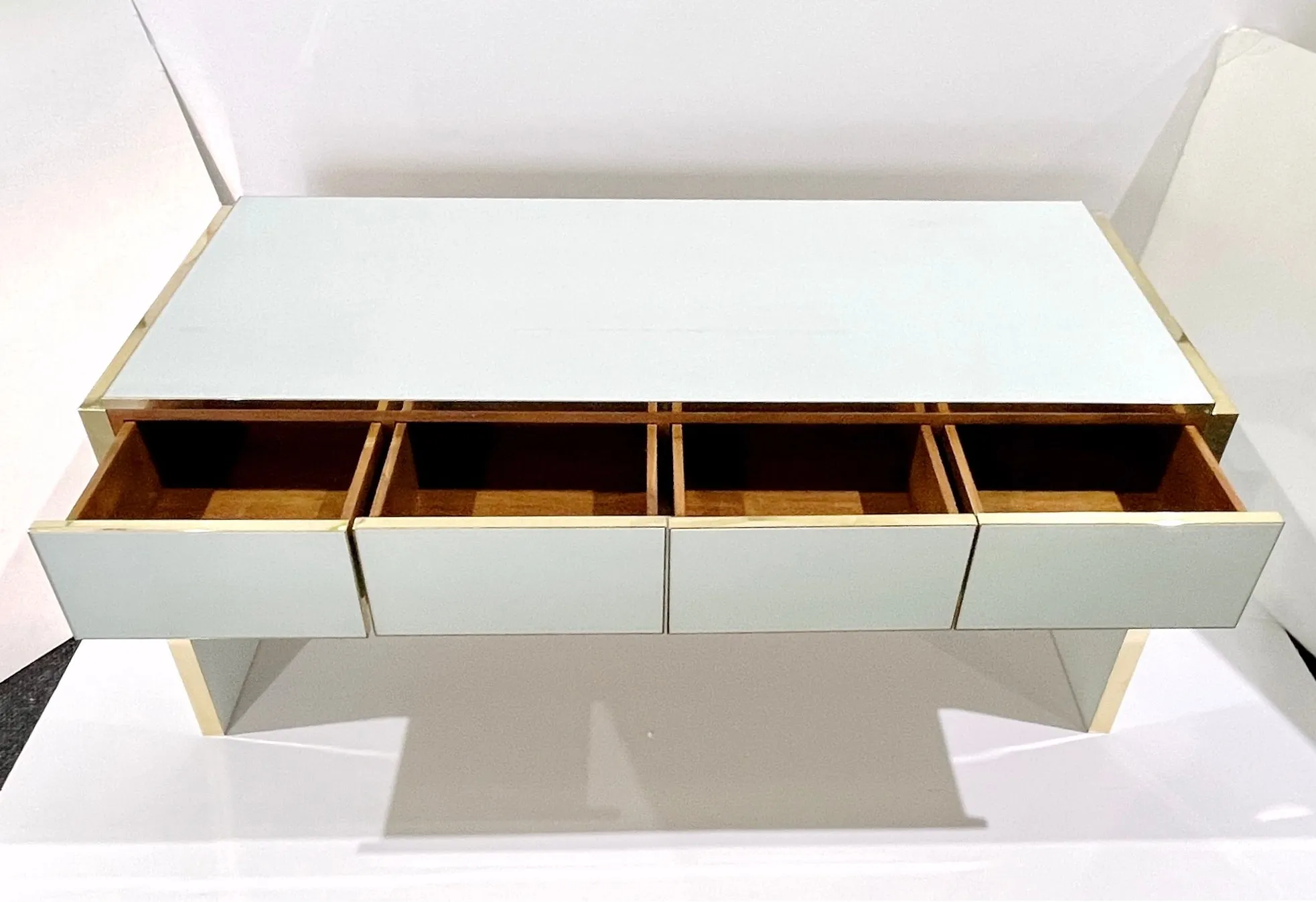 Bespoke Italian Art Deco Design 4-Drawer White & Brass Walnut Console Table/Desk