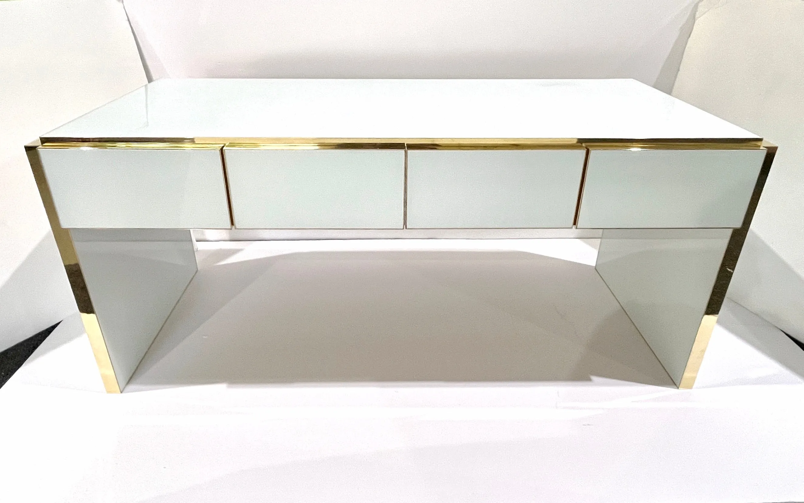 Bespoke Italian Art Deco Design 4-Drawer White & Brass Walnut Console Table/Desk