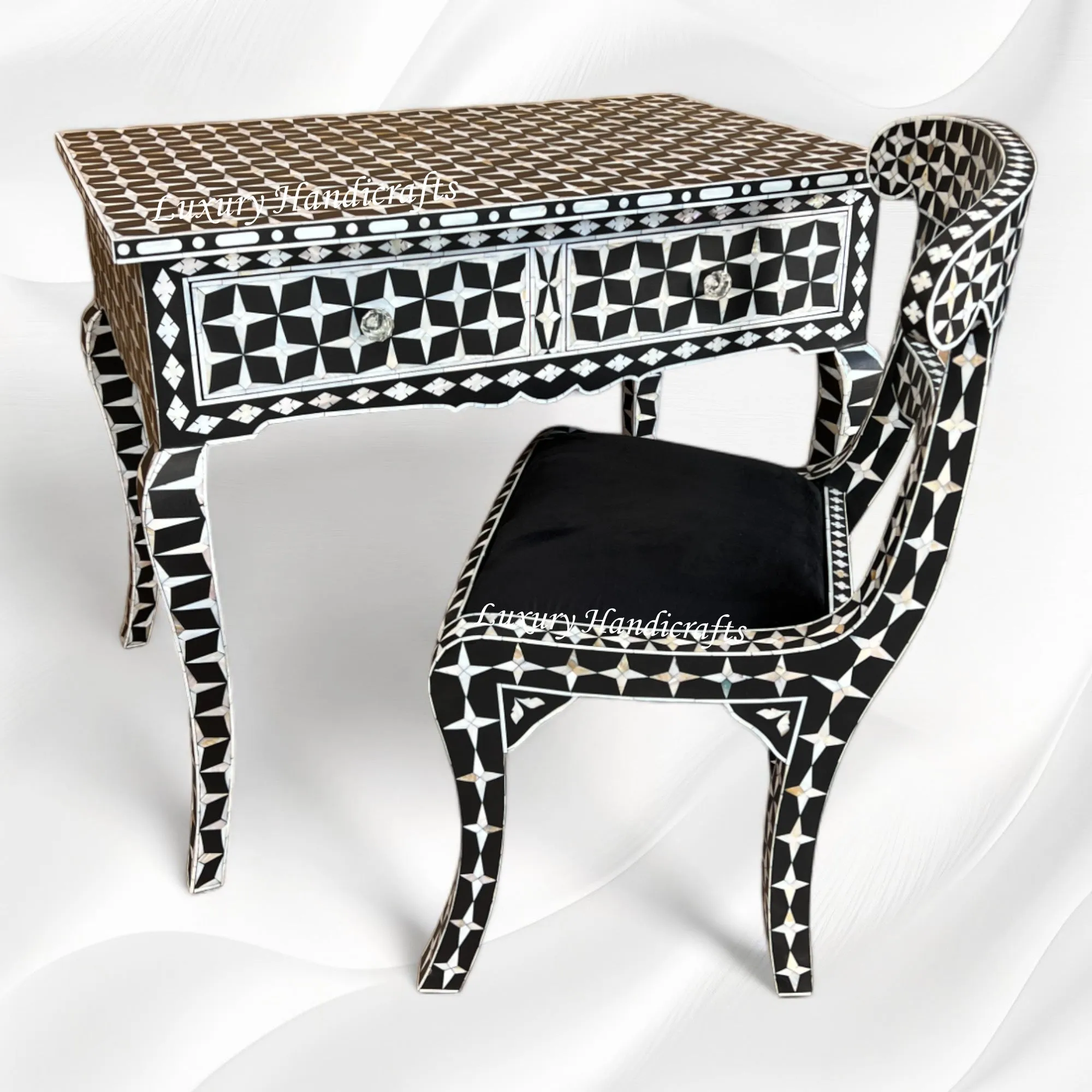 Black Mother Of Pearl Inlay Star Desk And Chair Combo