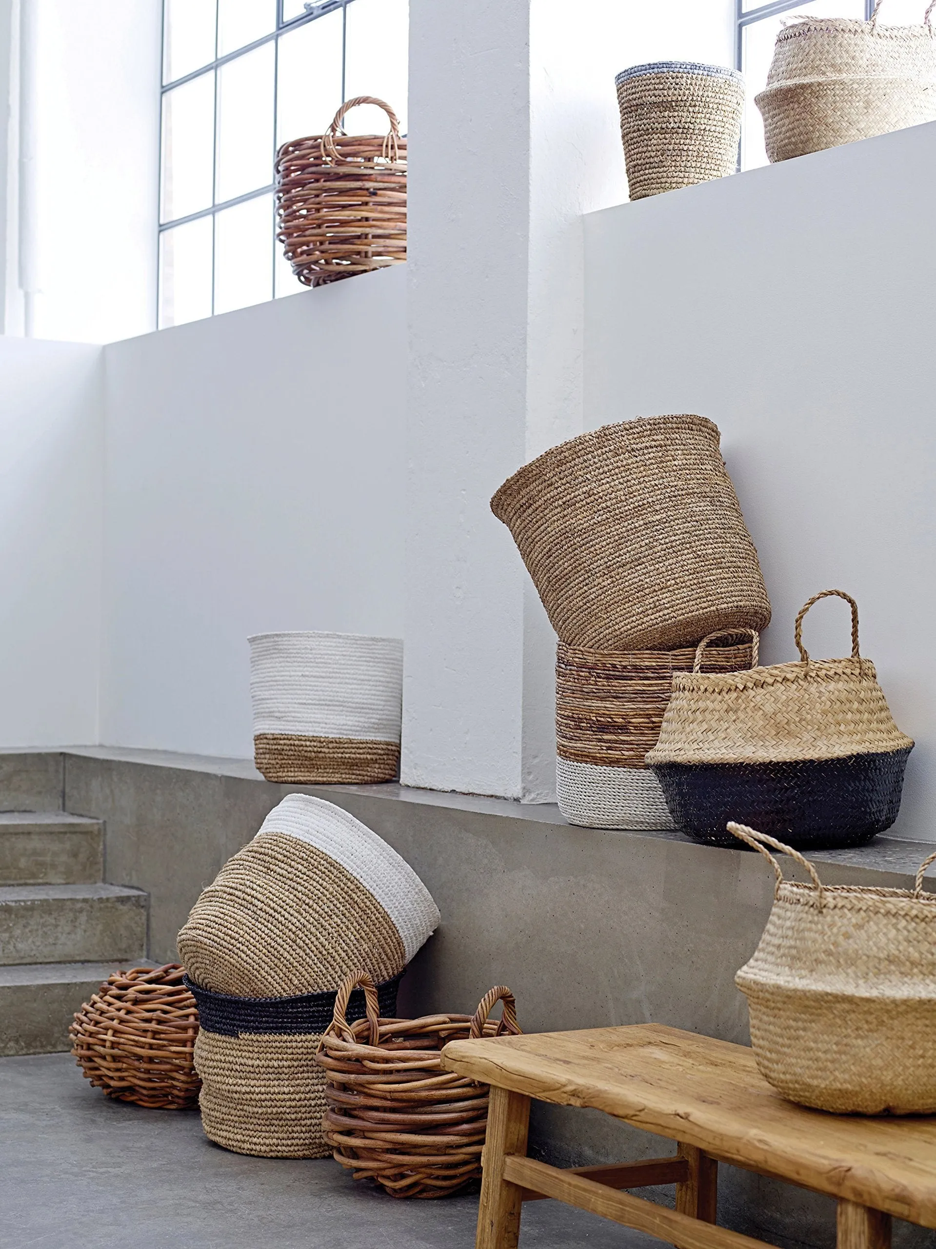 Bloomingville Set of 2 Brown & White Raffia and Banana Leaf Baskets