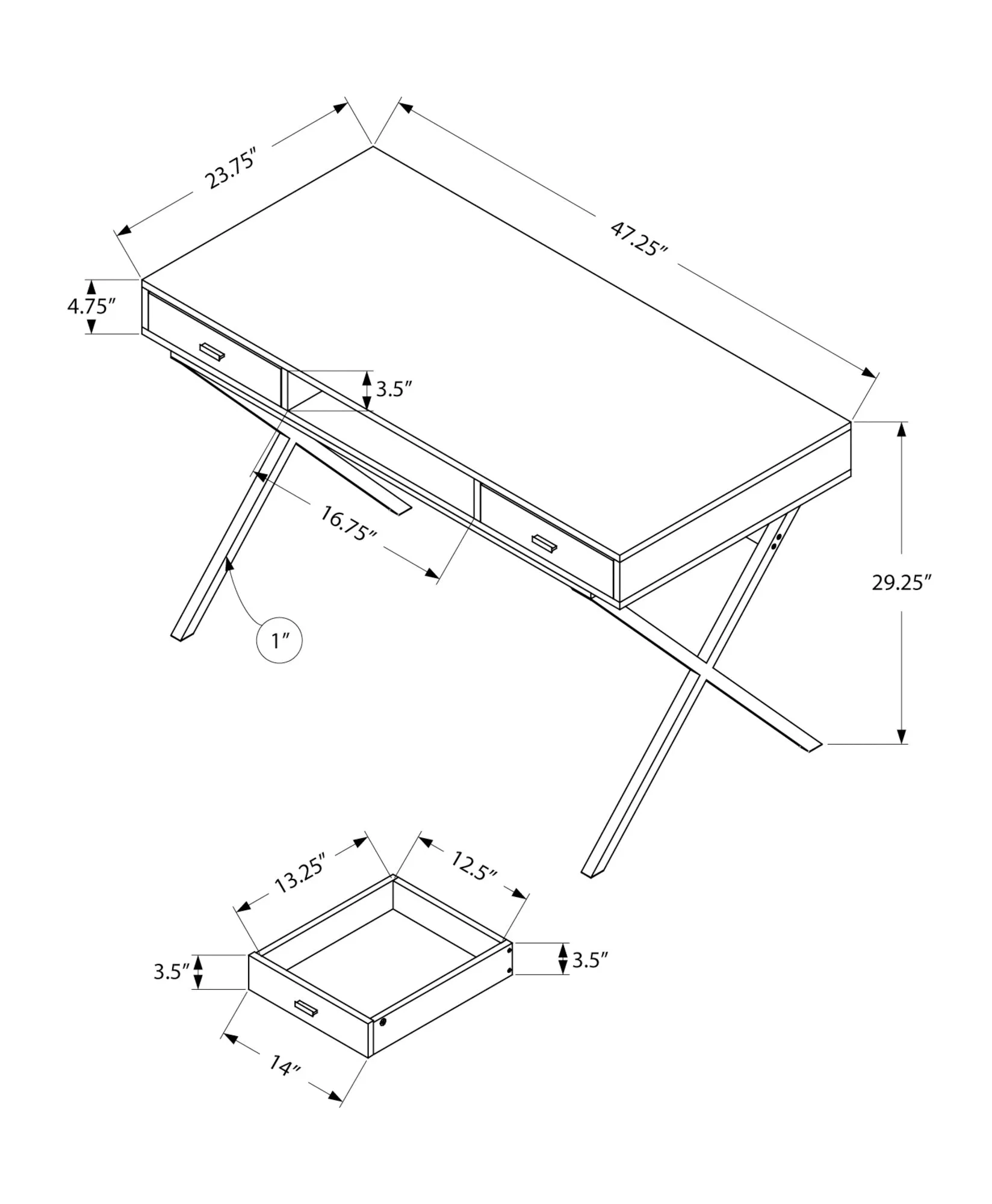 Computer Desk, Home Office, Laptop, Storage Drawers, 48"l, Work, Glossy White Laminate, Chrome Metal, Contemporary, Modern