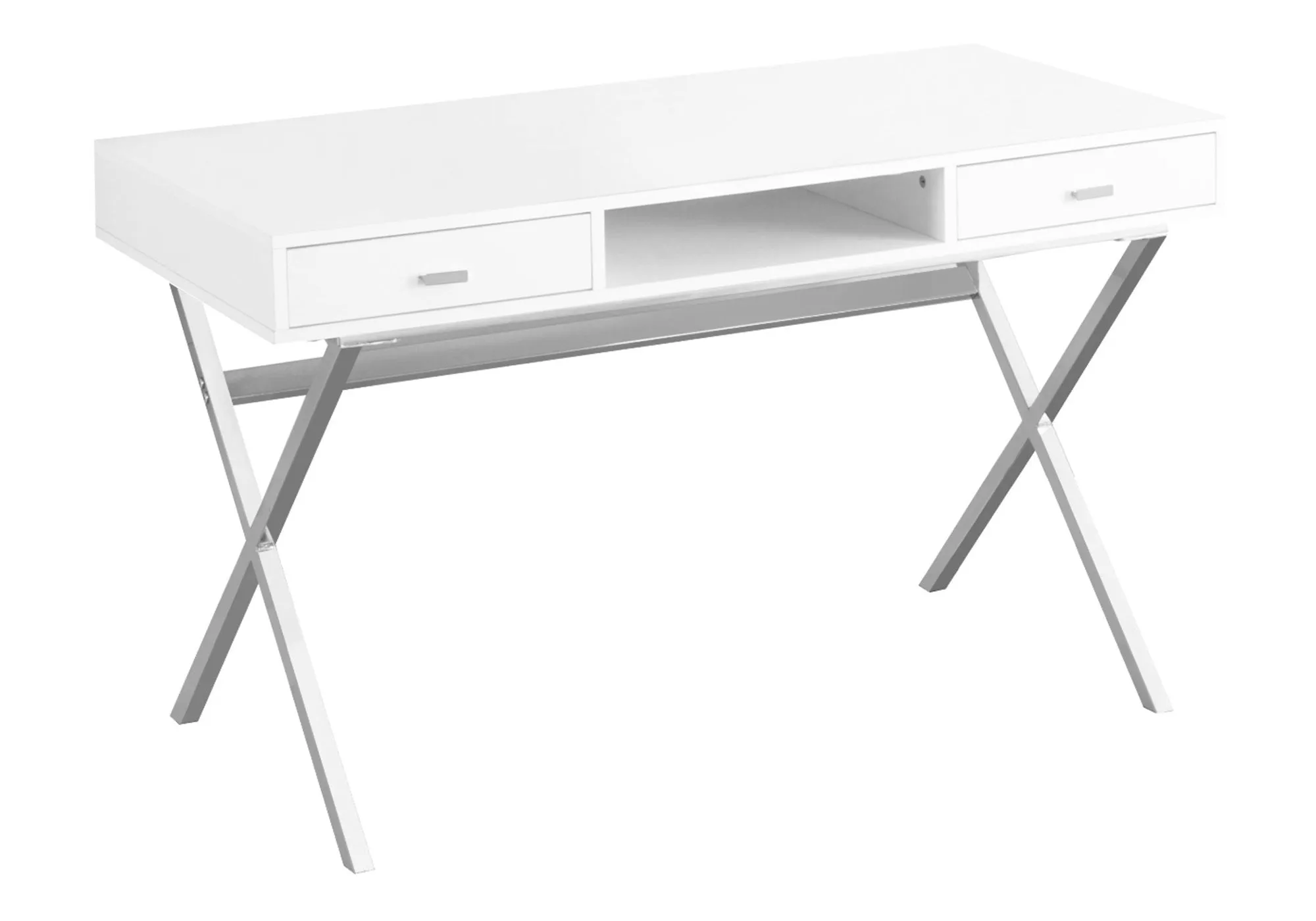 Computer Desk, Home Office, Laptop, Storage Drawers, 48"l, Work, Glossy White Laminate, Chrome Metal, Contemporary, Modern