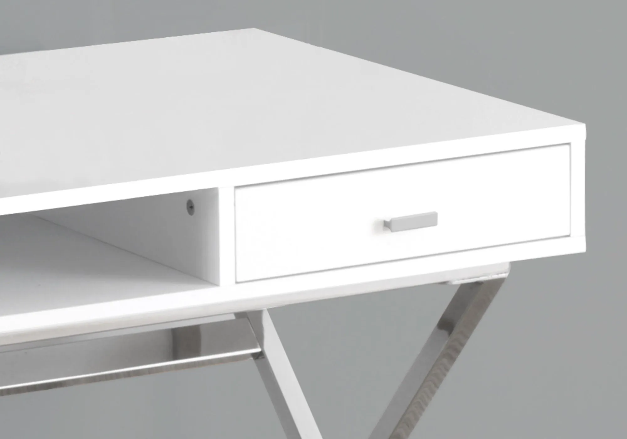 Computer Desk, Home Office, Laptop, Storage Drawers, 48"l, Work, Glossy White Laminate, Chrome Metal, Contemporary, Modern