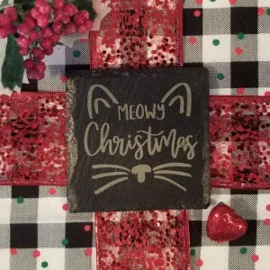 Cute Christmas Cat Coaster, slate coaster, Meowy Christmas, Cat face, cat fan gift, pets, feline decor, fur baby