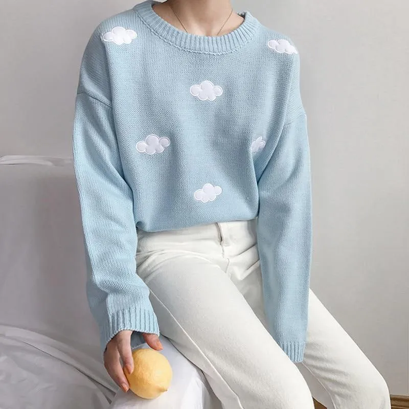 Cute Cloud Print Women's Jumper: 3D effect contrasting clouds