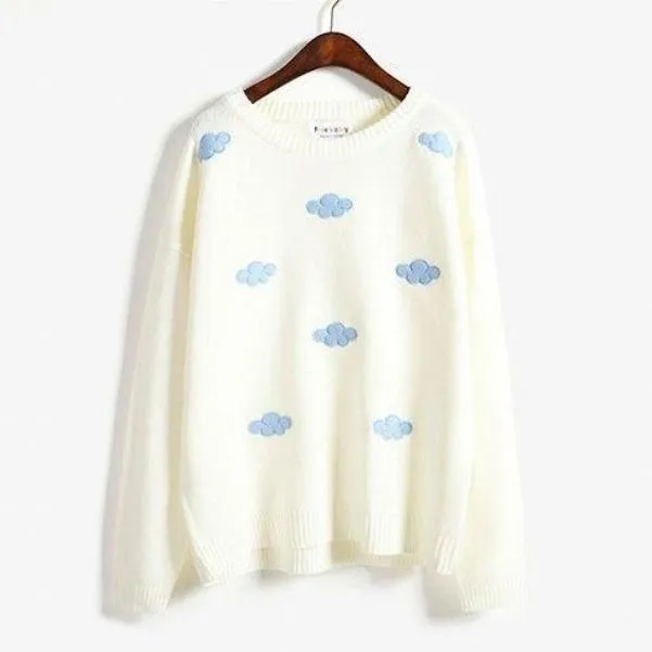 Cute Cloud Print Women's Jumper: 3D effect contrasting clouds