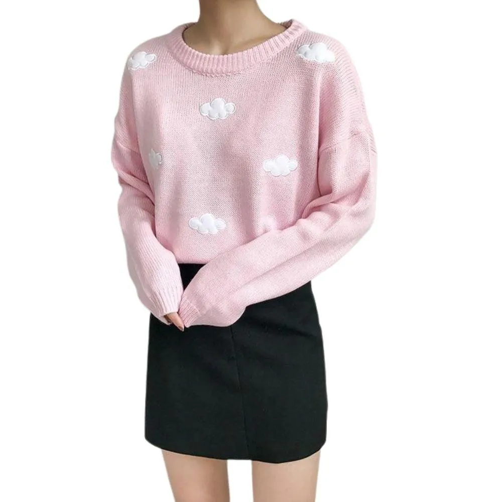 Cute Cloud Print Women's Jumper: 3D effect contrasting clouds