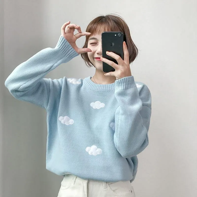 Cute Cloud Print Women's Jumper: 3D effect contrasting clouds