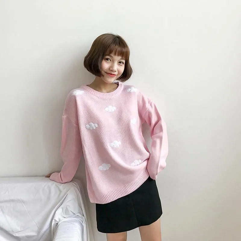 Cute Cloud Print Women's Jumper: 3D effect contrasting clouds