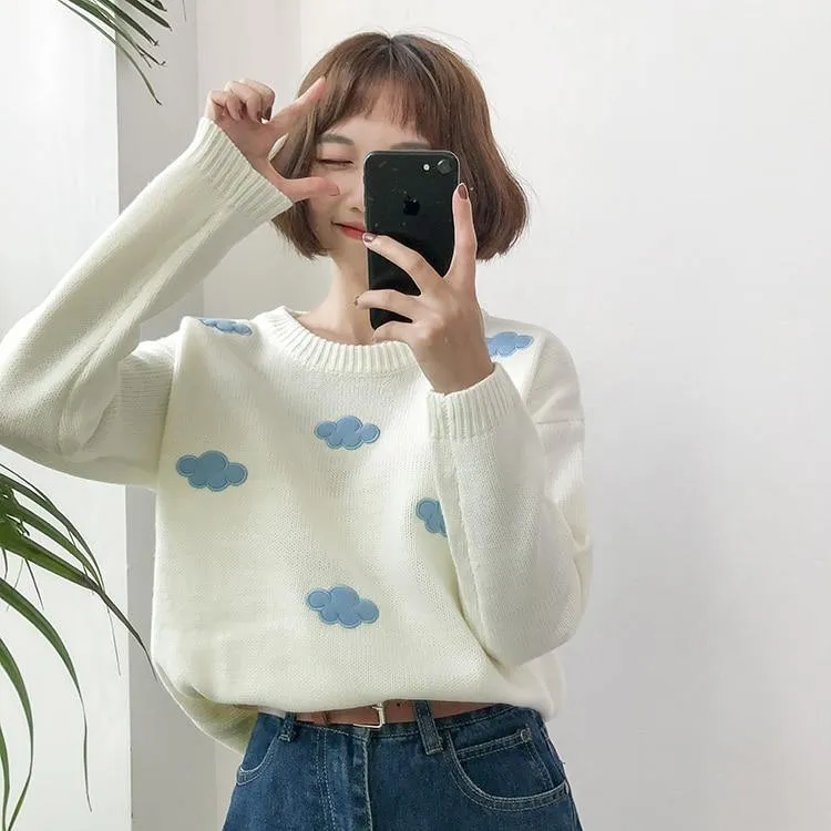 Cute Cloud Print Women's Jumper: 3D effect contrasting clouds