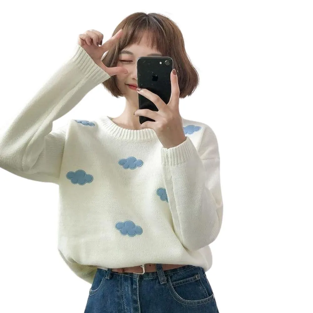 Cute Cloud Print Women's Jumper: 3D effect contrasting clouds