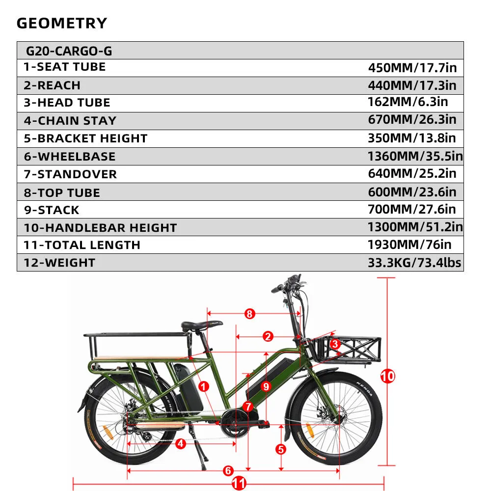 EUNORAU G20-CARGO 48V/11.6Ah 500W Mid Motor Dual Battery Cargo Electric Bike