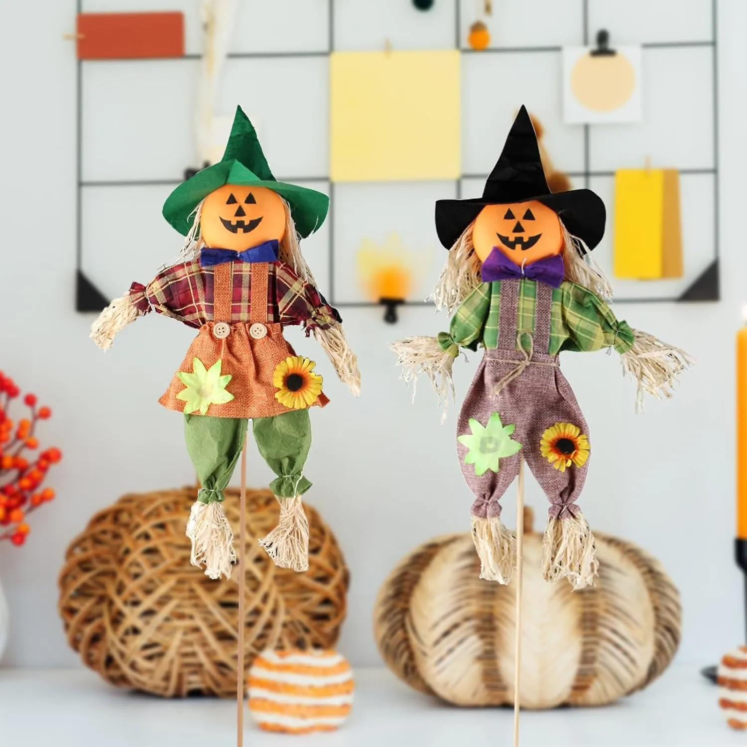 Fall Harvest Scarecrow Decorations - 2 Pack 23.6 Inch Festive Scarecrows for Garden, Home, Yard, Porch, and Thanksgiving Decor