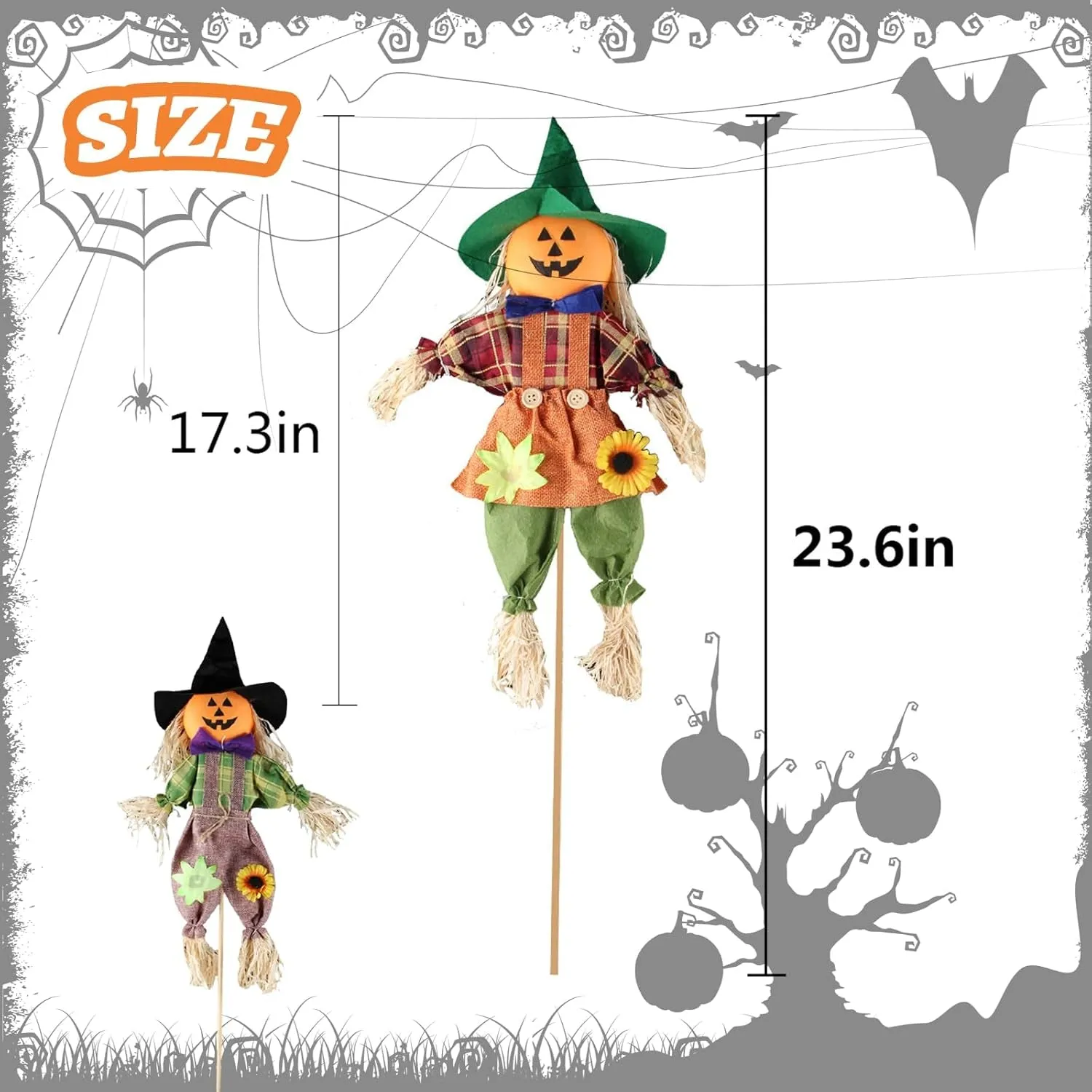 Fall Harvest Scarecrow Decorations - 2 Pack 23.6 Inch Festive Scarecrows for Garden, Home, Yard, Porch, and Thanksgiving Decor