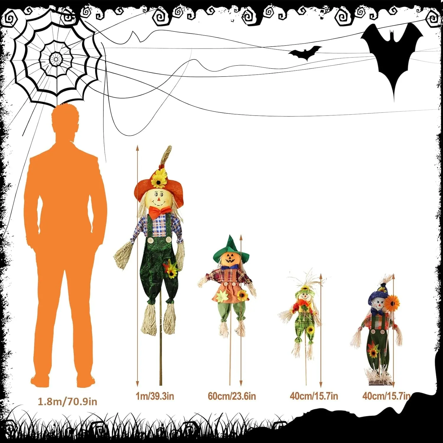 Fall Harvest Scarecrow Decorations - 2 Pack 23.6 Inch Festive Scarecrows for Garden, Home, Yard, Porch, and Thanksgiving Decor