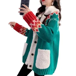 Fluffy Collar Christmas Women's Cardigan: Bold Xmas print for those colder months