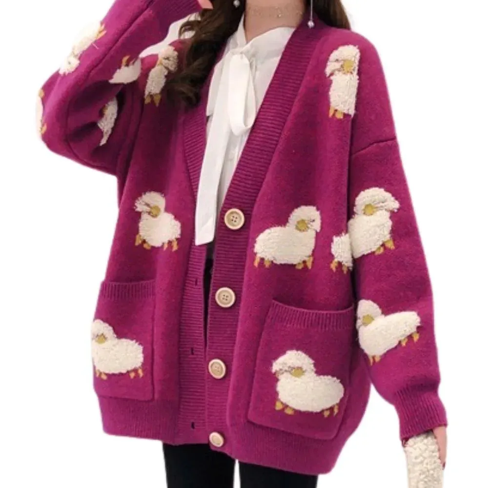 Fluffy Sheep Cardigan: Sheep print with a tufted texture