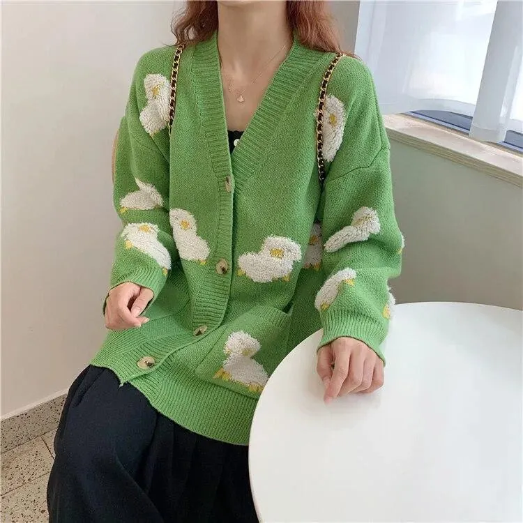 Fluffy Sheep Cardigan: Sheep print with a tufted texture