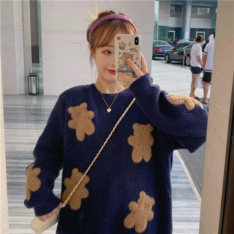 Fluffy Teddy Bear Patchwork Ribbed Knitted Sweater Kawaii Pullover Jumper Women's Jumper Korean Japanese Cute Sweet Loose