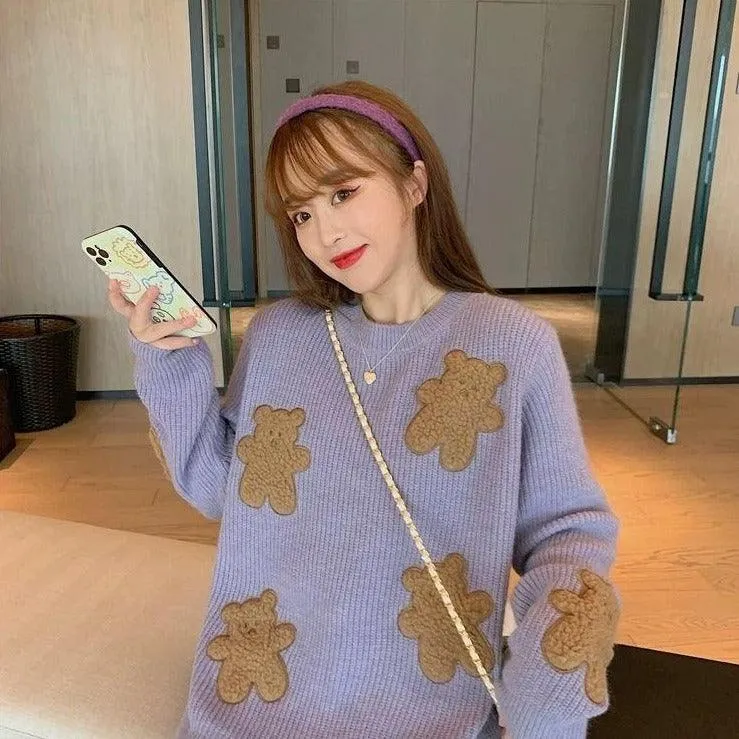 Fluffy Teddy Bear Patchwork Ribbed Knitted Sweater Kawaii Pullover Jumper Women's Jumper Korean Japanese Cute Sweet Loose