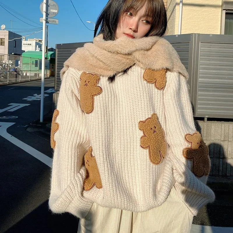 Fluffy Teddy Bear Patchwork Ribbed Knitted Sweater Kawaii Pullover Jumper Women's Jumper Korean Japanese Cute Sweet Loose