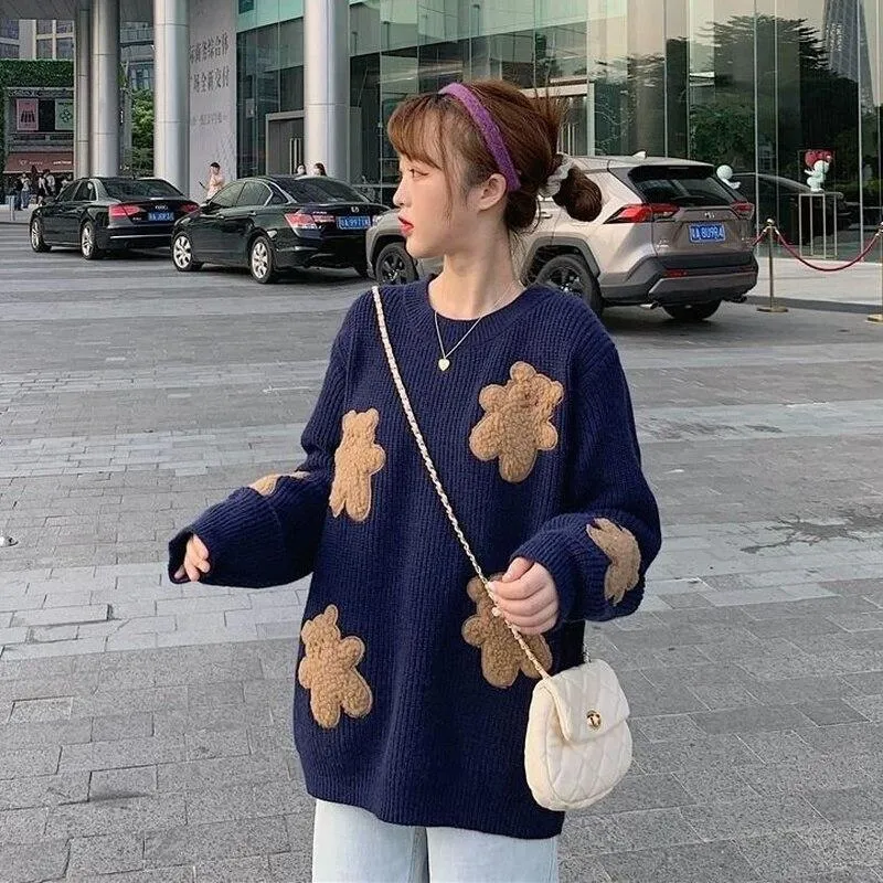 Fluffy Teddy Bear Patchwork Ribbed Knitted Sweater Kawaii Pullover Jumper Women's Jumper Korean Japanese Cute Sweet Loose