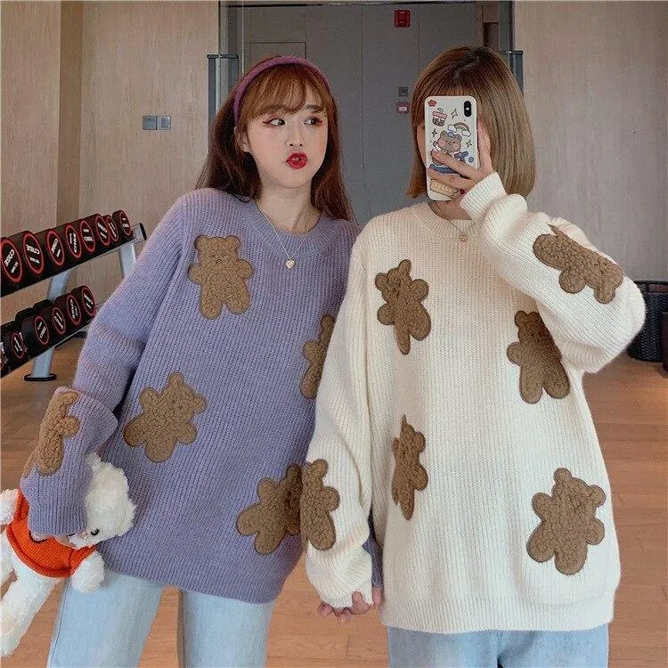 Fluffy Teddy Bear Patchwork Ribbed Knitted Sweater Kawaii Pullover Jumper Women's Jumper Korean Japanese Cute Sweet Loose