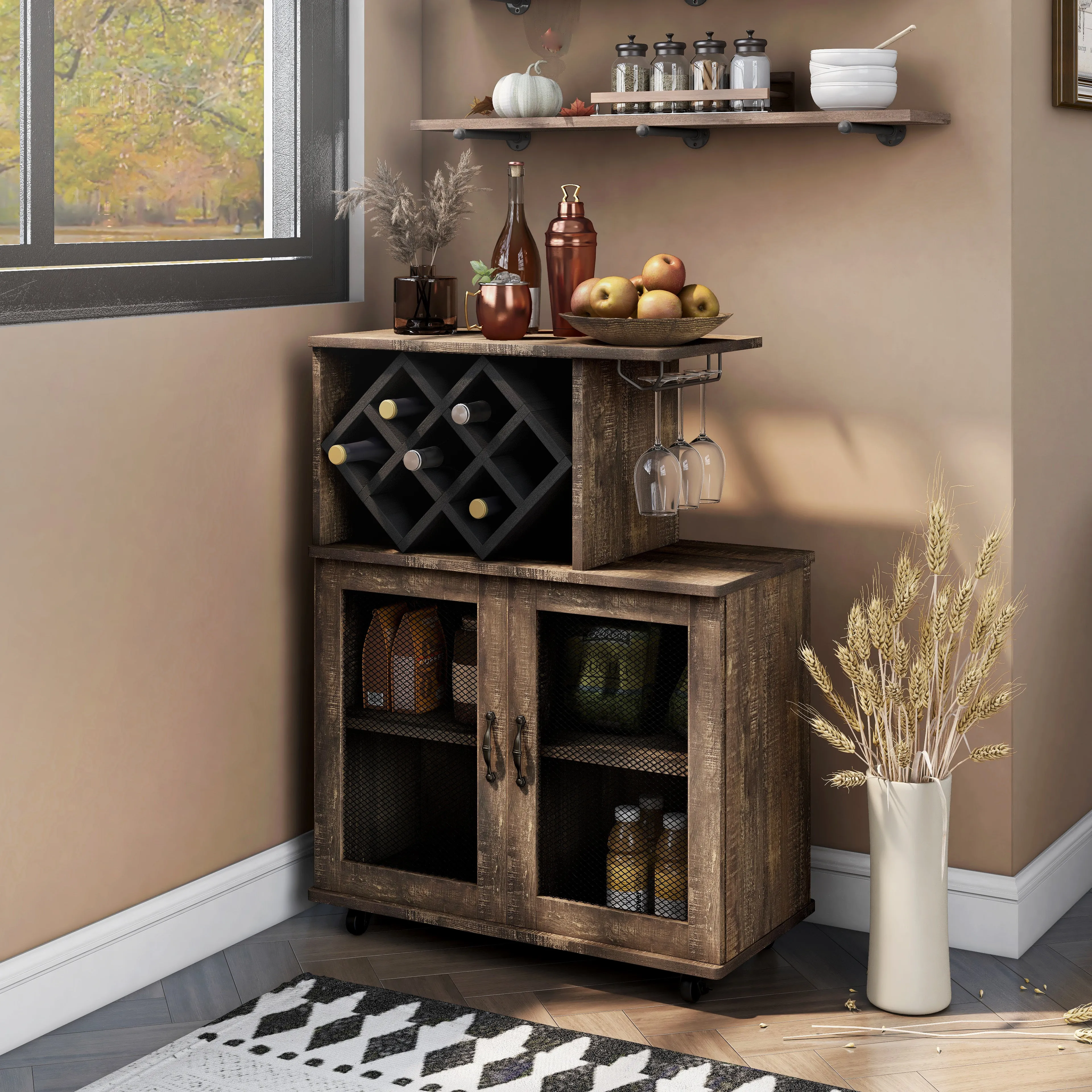 Forster Rustic Reclaimed Oak Mobile 7-bottle Wine Bar Cabinet