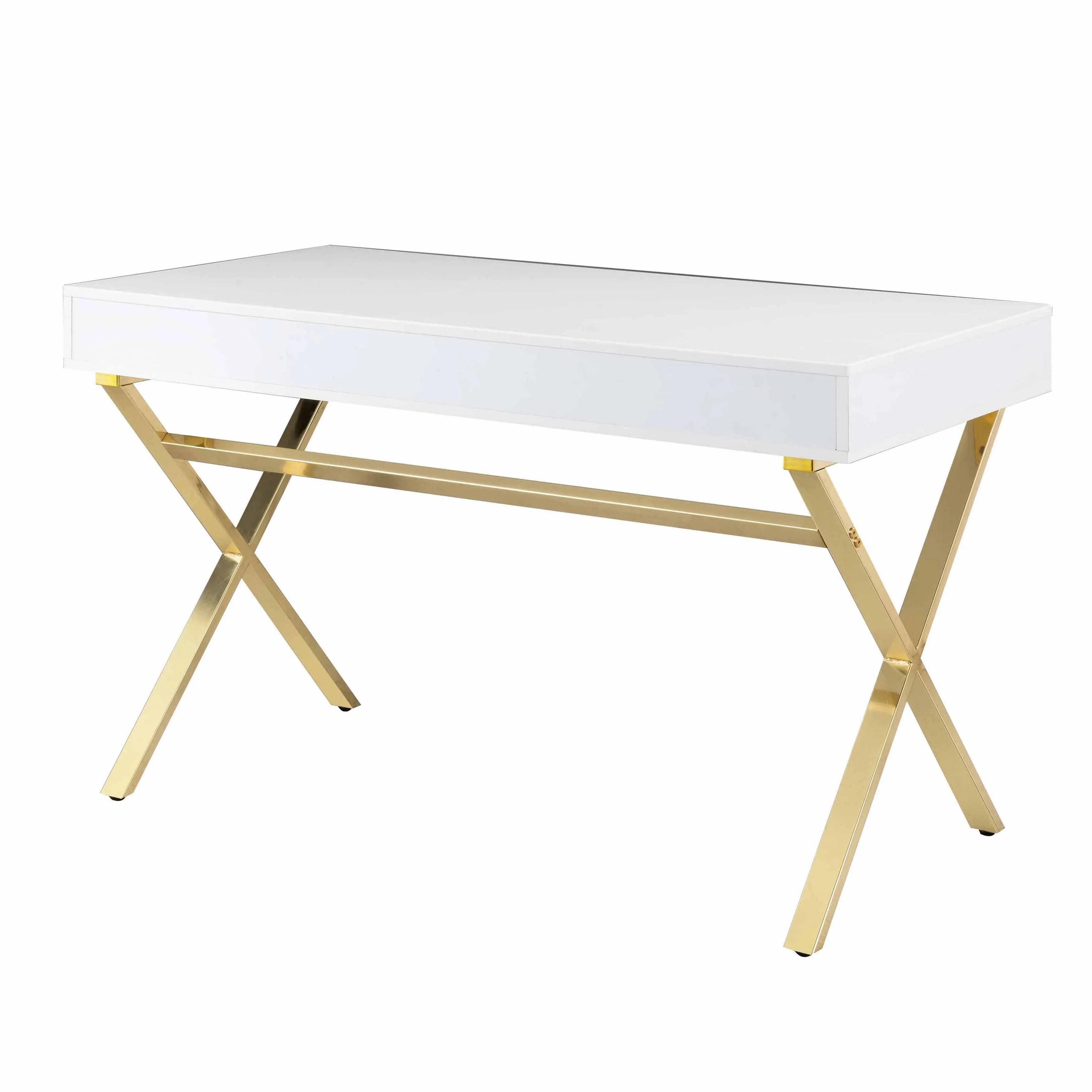 Gracie 47 Inch Desk, White Rectangular Top, 2 Drawers, Gold Metal Legs By Casagear Home