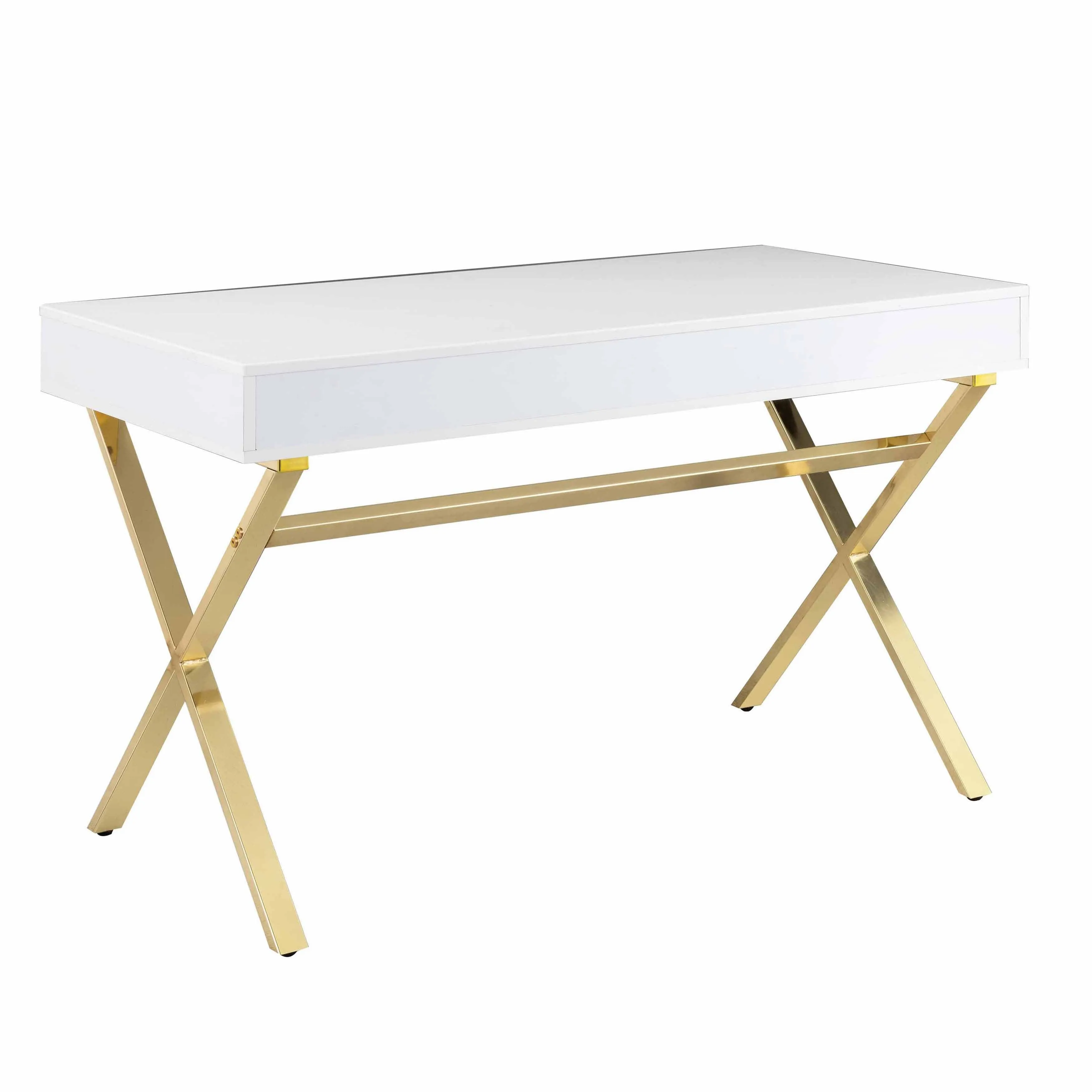 Gracie 47 Inch Desk, White Rectangular Top, 2 Drawers, Gold Metal Legs By Casagear Home