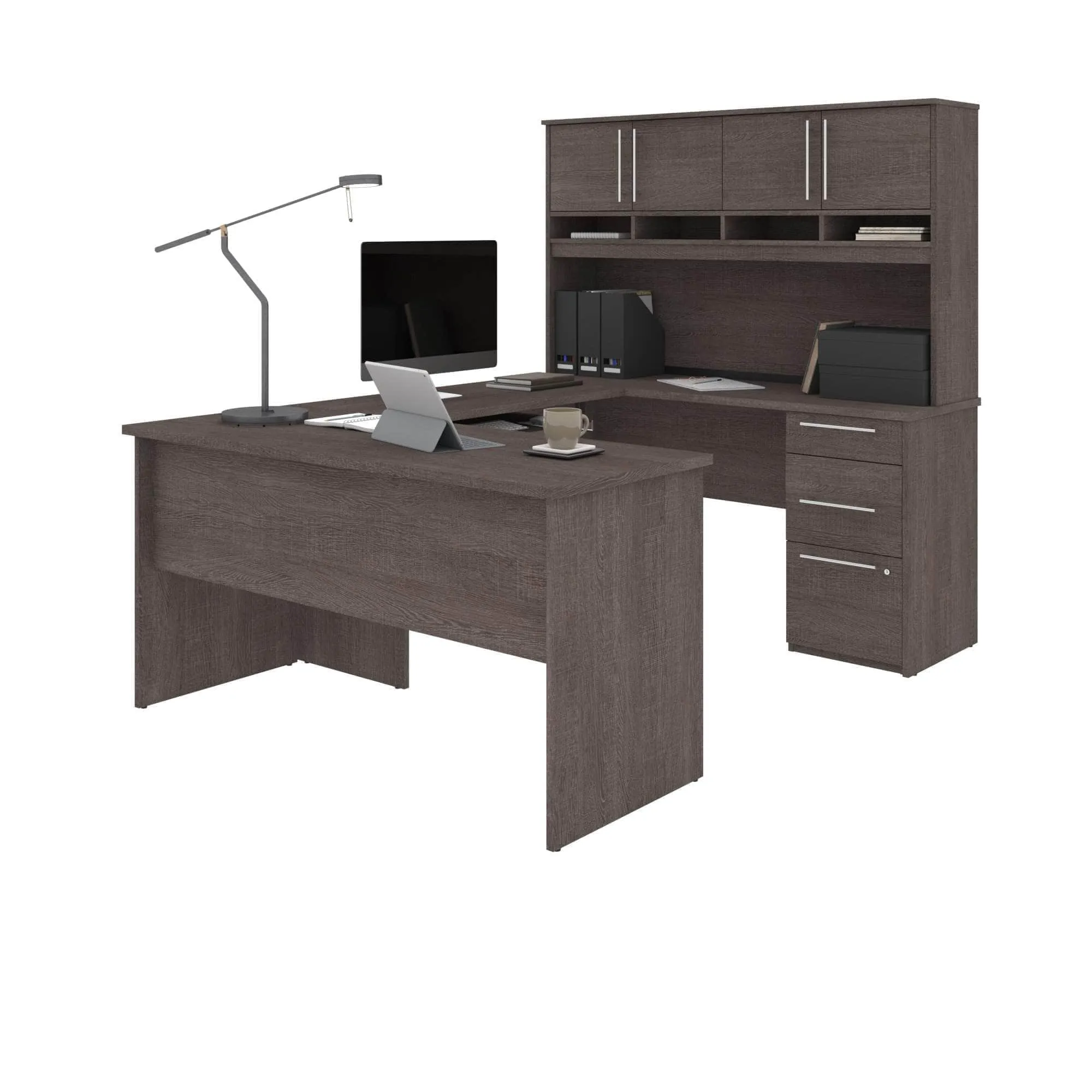 Innova U-Shaped or L-Shaped Desk with Hutch - Bark Grey