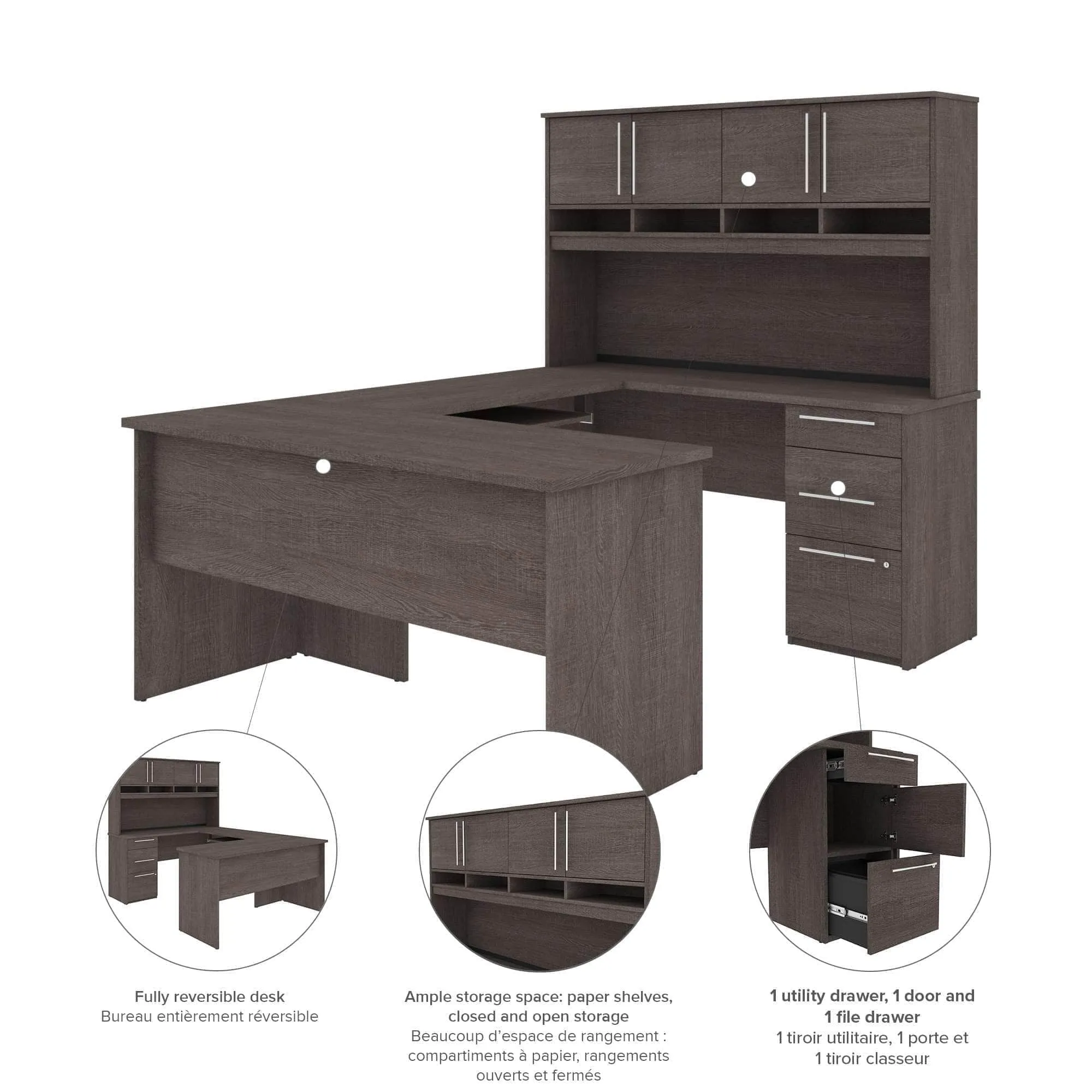 Innova U-Shaped or L-Shaped Desk with Hutch - Bark Grey