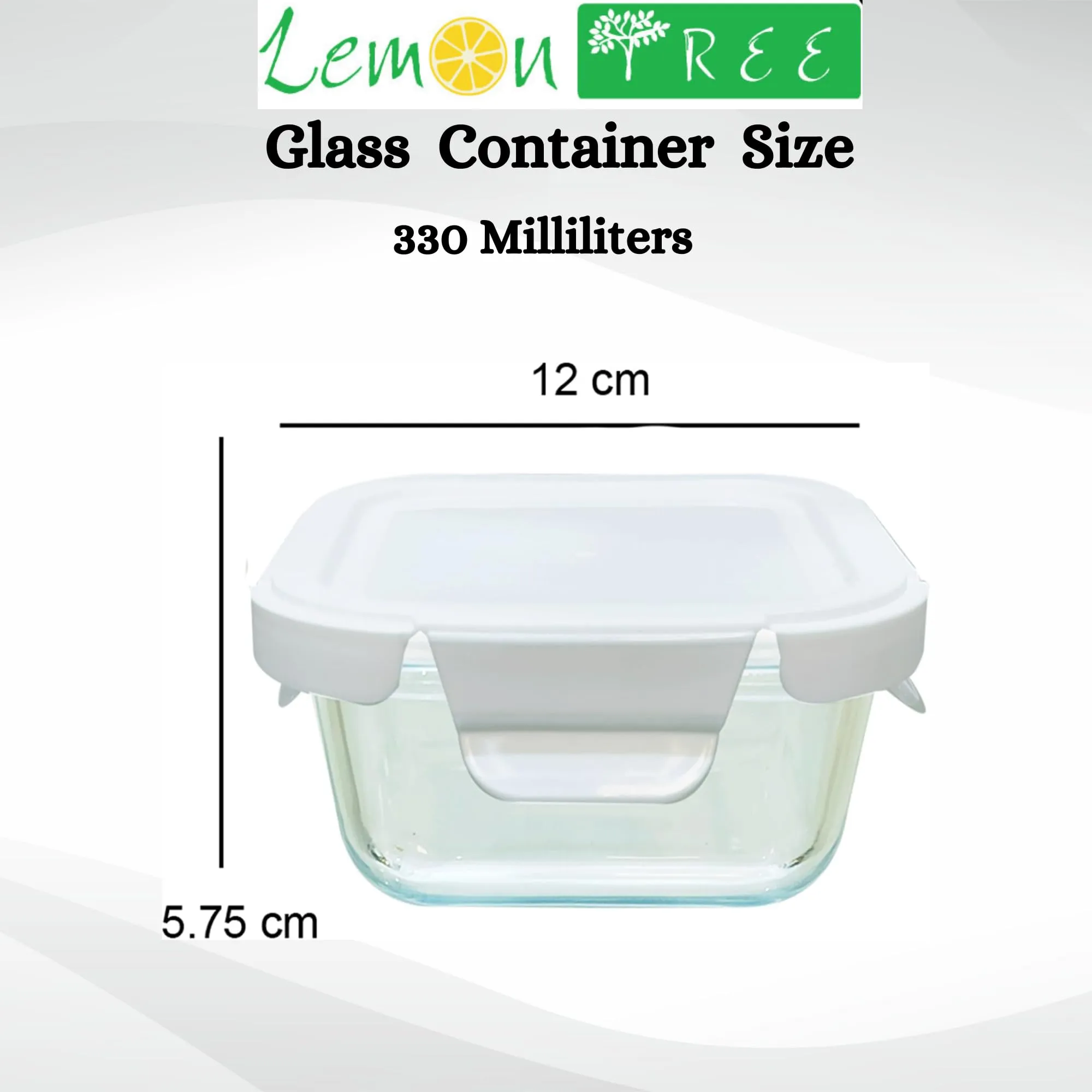 Lemon Tree Borosilicate Glass Bowls Lunch Box Set - 2-Pack 330ml Square Containers | Air-Tight Lids | | Oven & Microwave Safe | Kitchen Food Storage | Borosilicate Containers with White Lid