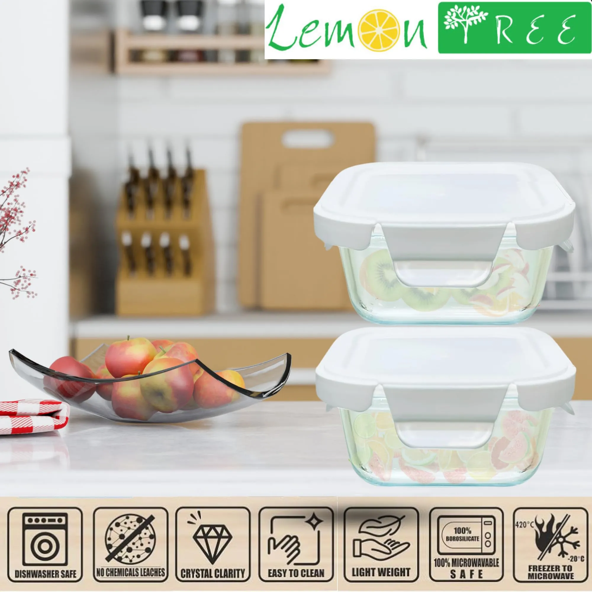 Lemon Tree Borosilicate Glass Bowls Lunch Box Set - 2-Pack 330ml Square Containers | Air-Tight Lids | | Oven & Microwave Safe | Kitchen Food Storage | Borosilicate Containers with White Lid