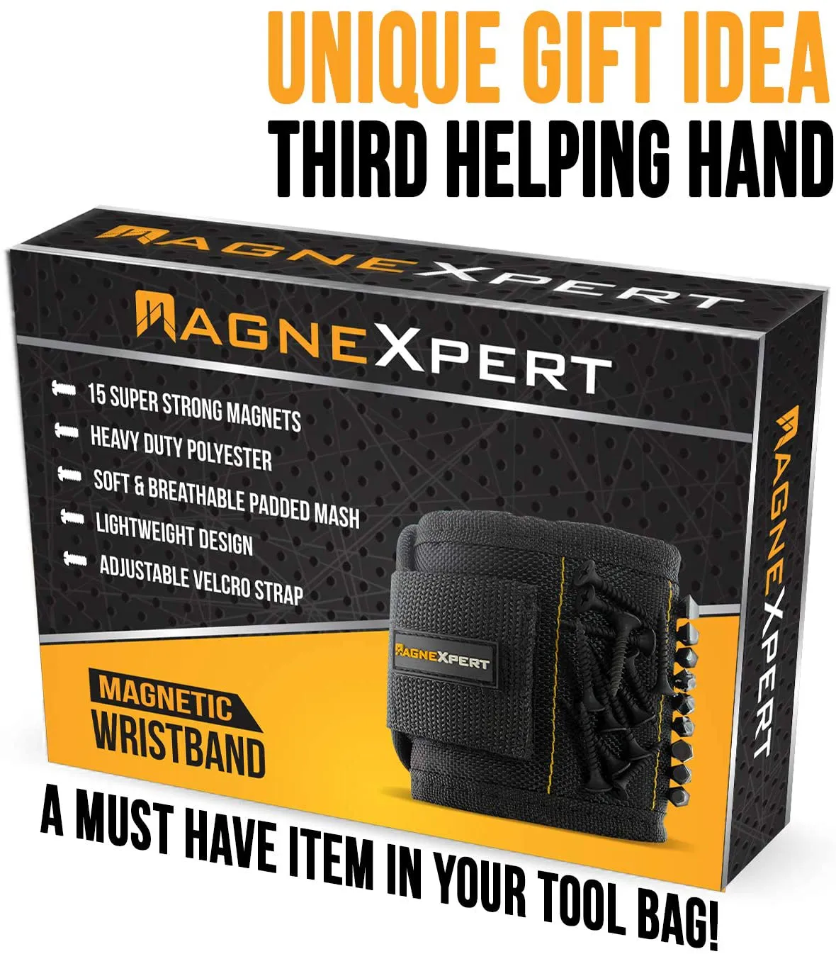 Magnexpert Magnetic Wristband for Holding Tools, Screws, Nails, Bolts, Drilling Bits. Christmas Gift for Men, Father/Dad, Husband, Boyfriend, DIY, Handyman. Unique Gift Idea