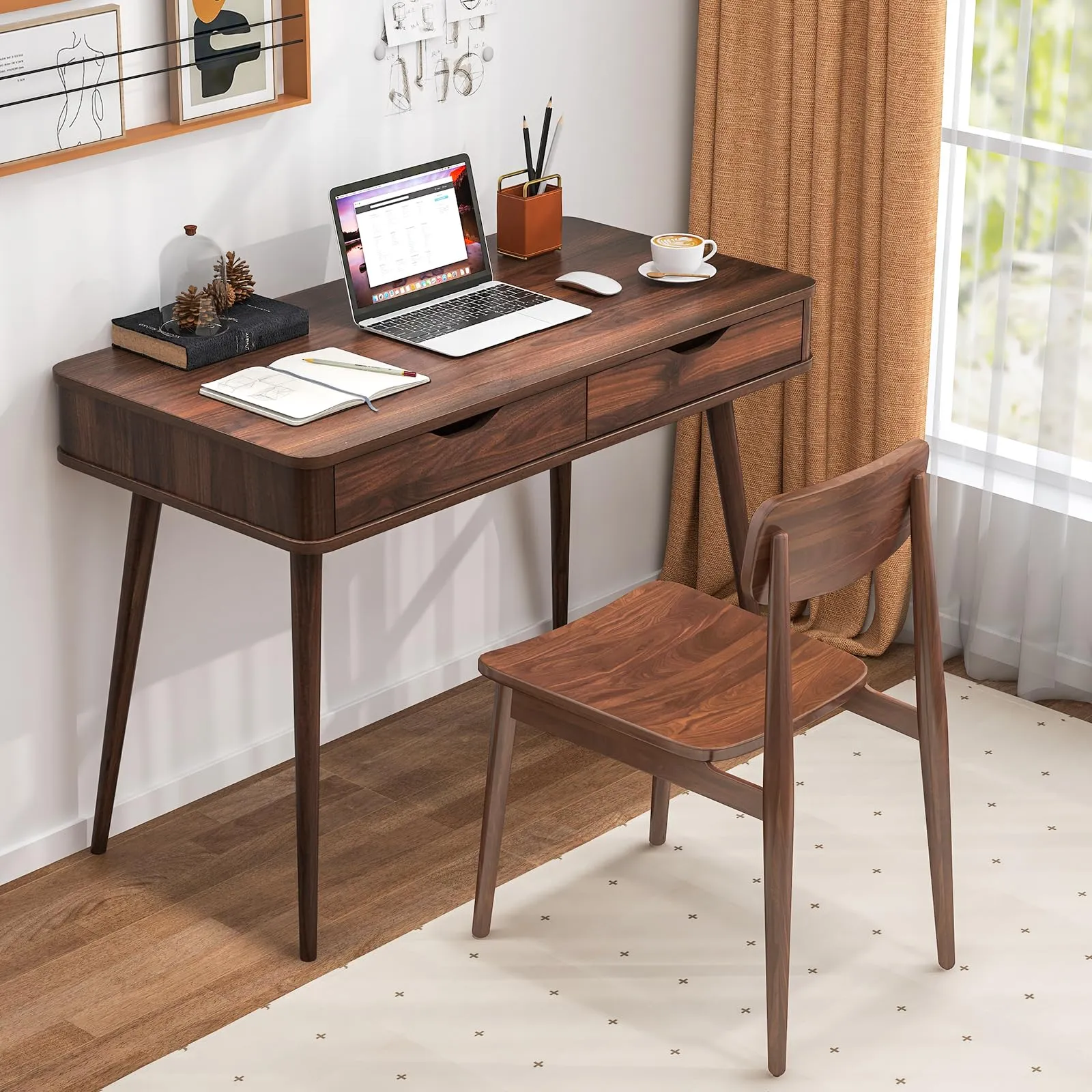 Mid-Century Desk with 2 Drawers, Writing Study Desk, PC Laptop Desk